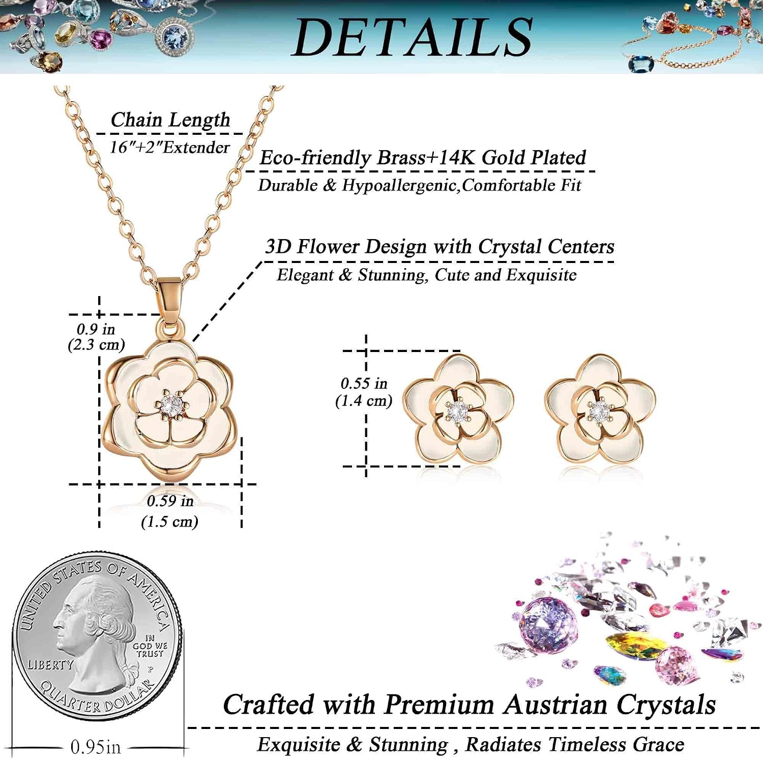 EVEVIC Dainty Flower Pendant Necklace Earrings for Women 14K Gold Plated Hypoallergenic Jewelry Sets