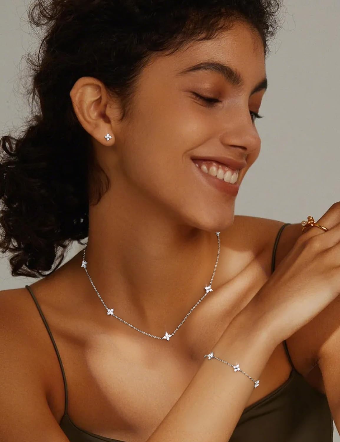 ORAZIO Dainty Silver Gold Jewelry Set for Women Trendy 14K Gold Plated CZ Flowers Pendant Choker Necklaces for Women Stud Earrings Link Bracelets Stack Jewelry Gifts for Wedding Prom Brides