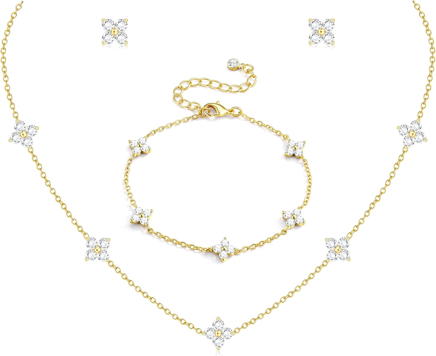 ORAZIO Dainty Silver Gold Jewelry Set for Women Trendy 14K Gold Plated CZ Flowers Pendant Choker Necklaces for Women Stud Earrings Link Bracelets Stack Jewelry Gifts for Wedding Prom Brides