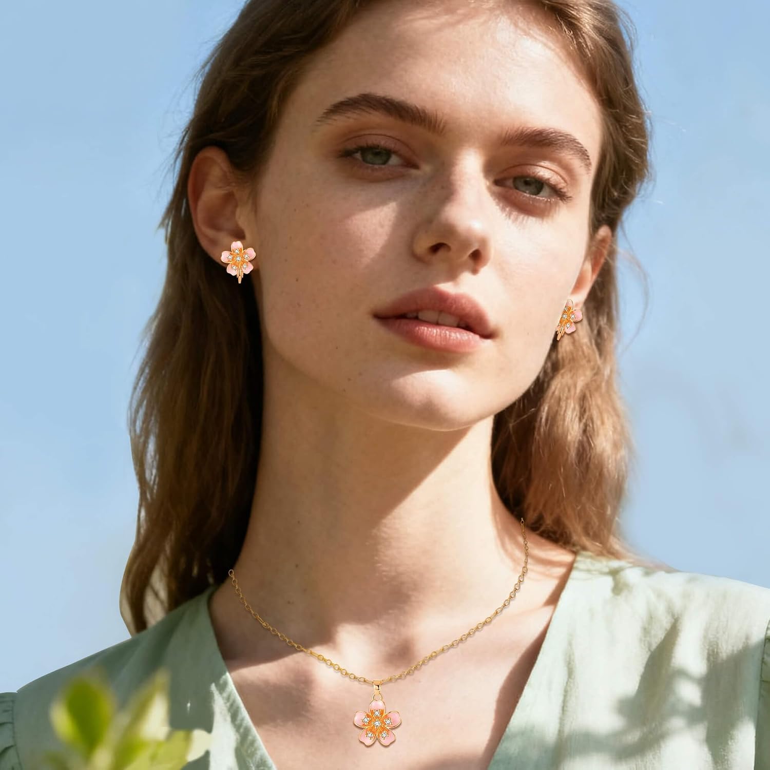 Austrian Crystal Enamel Flower Earrings and Necklace Jewelry Sets for Women | 14K gold plated brass,cute flower-shaped design,gift box,16+2" adjustable chain,women's jewelry set