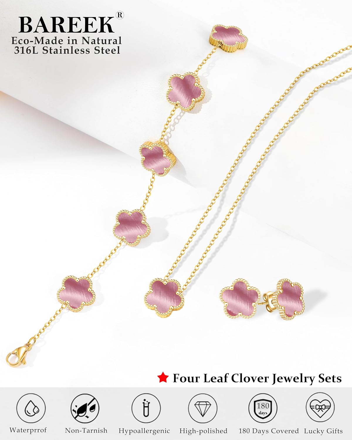 Clover Jewelry Set 3 PC - 18K Gold Plated Stainless Steel Y Necklace Four Leaf Pendant, Clover Link Bracelet Charm, Flower Earrings, Hypoallergenic Non-Tarnish,Simple Luxury Lucky Gifts for Women