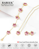 Clover Jewelry Set 3 PC - 18K Gold Plated Stainless Steel Y Necklace Four Leaf Pendant, Clover Link Bracelet Charm, Flower Earrings, Hypoallergenic Non-Tarnish,Simple Luxury Lucky Gifts for Women