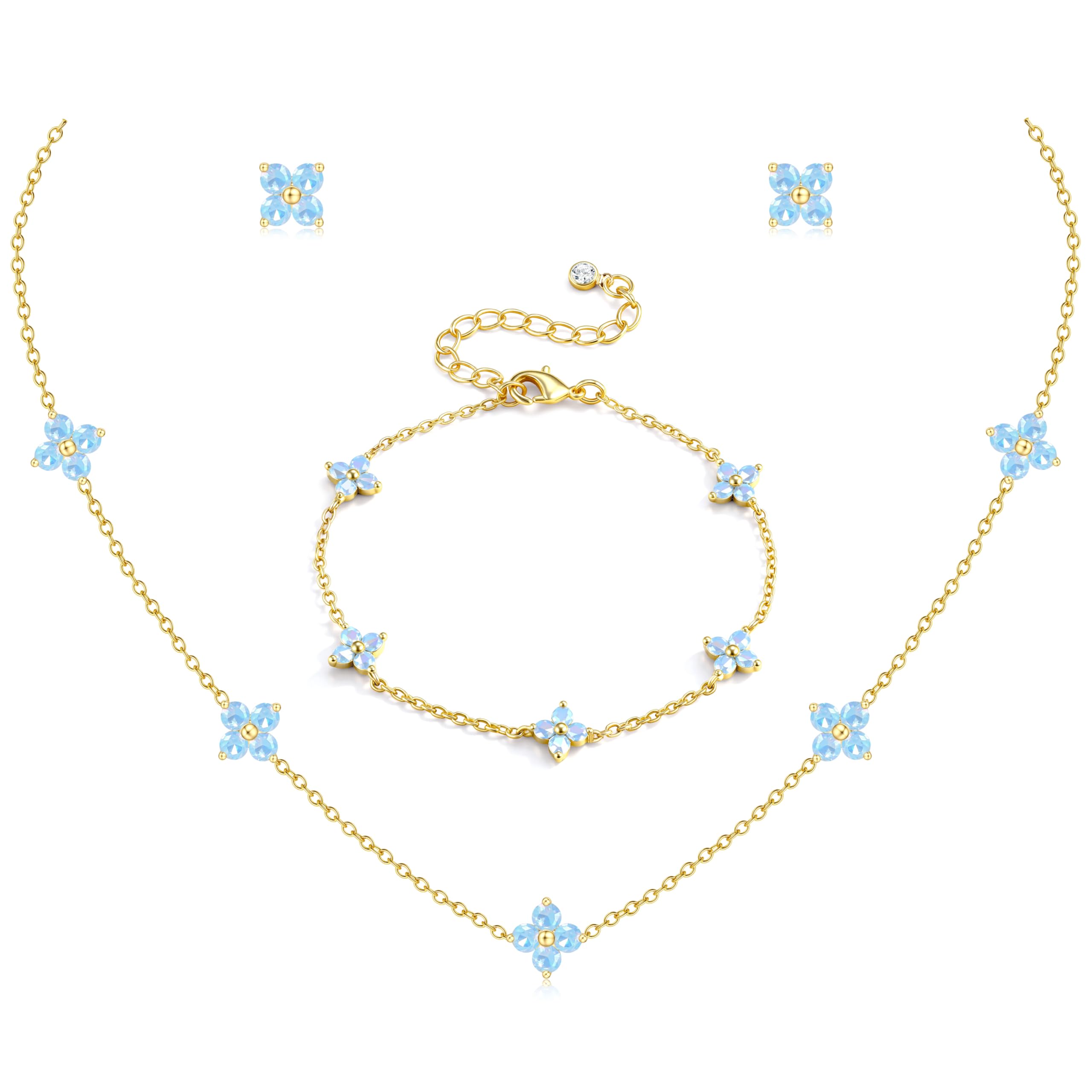 ORAZIO Dainty Silver Gold Jewelry Set for Women Trendy 14K Gold Plated CZ Flowers Pendant Choker Necklaces for Women Stud Earrings Link Bracelets Stack Jewelry Gifts for Wedding Prom Brides