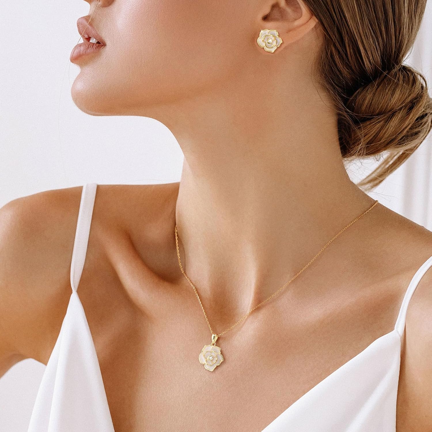 Rose Flower Earring Necklace Set - 14k Gold Plated Hypoallergenic Jewelry Sets For Women, Trendy Cubic Zirconia Floral Earring Pendant Necklace Anniversary Birthday Gift for Her