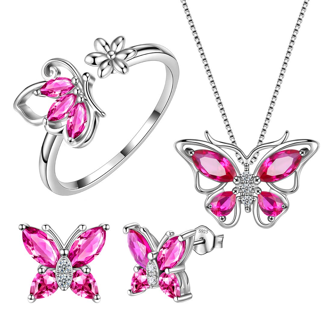 Aurora Tears Butterfly Jewelry,Women 925 Sterling Silver Butterflies Birthstone Pendant Necklace/Earrings/Rings Wedding Gift
