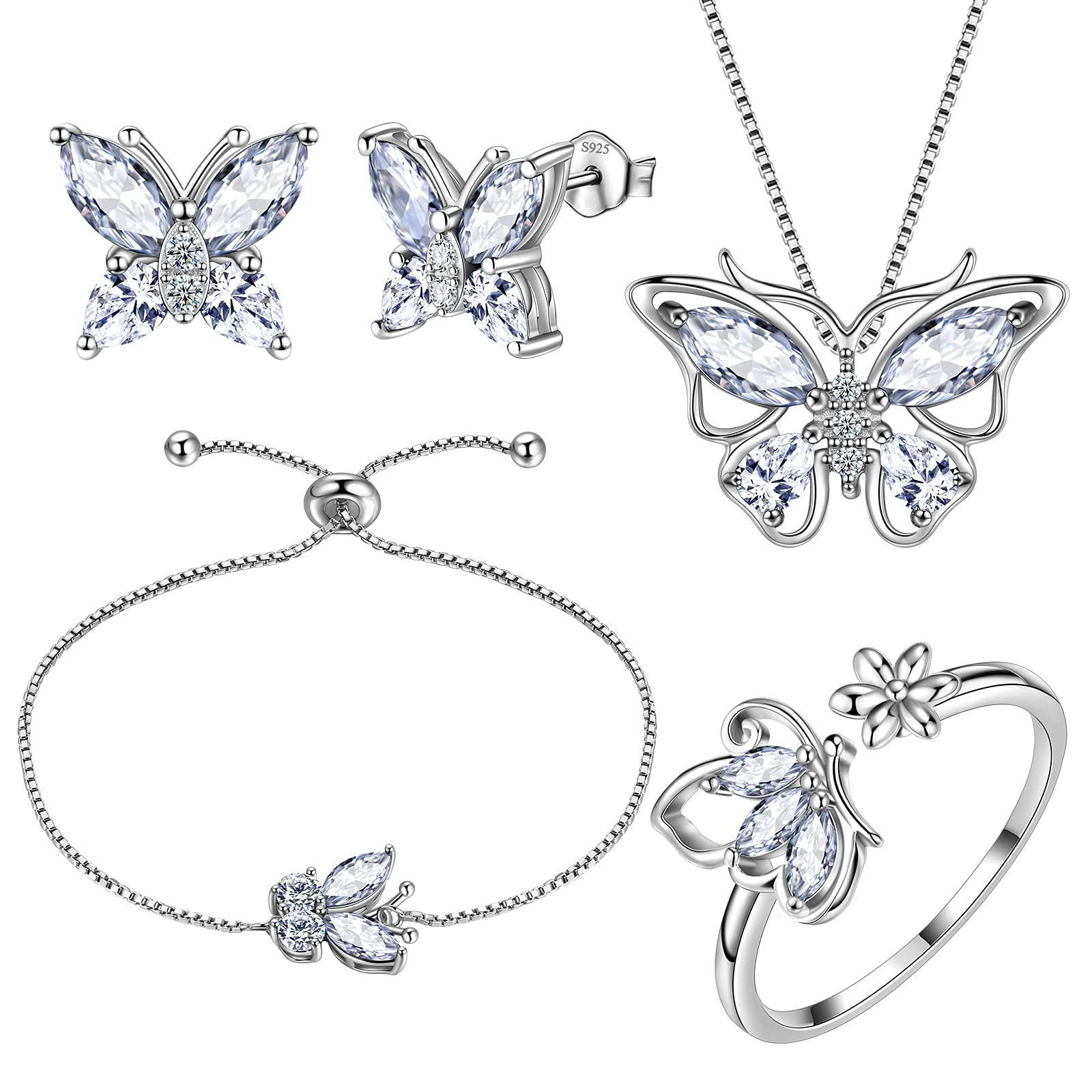 Aurora Tears Butterfly Jewelry,Women 925 Sterling Silver Butterflies Birthstone Pendant Necklace/Earrings/Rings Wedding Gift