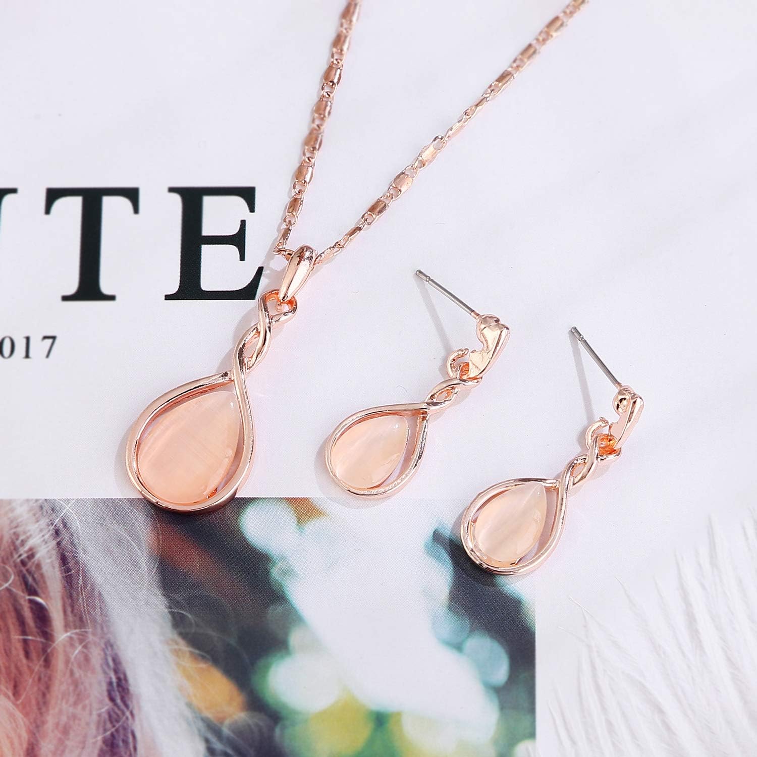 ASHMITA Rose Gold Teardrop Necklace Gemstone Dangle Earrings Wedding Jewelry Set