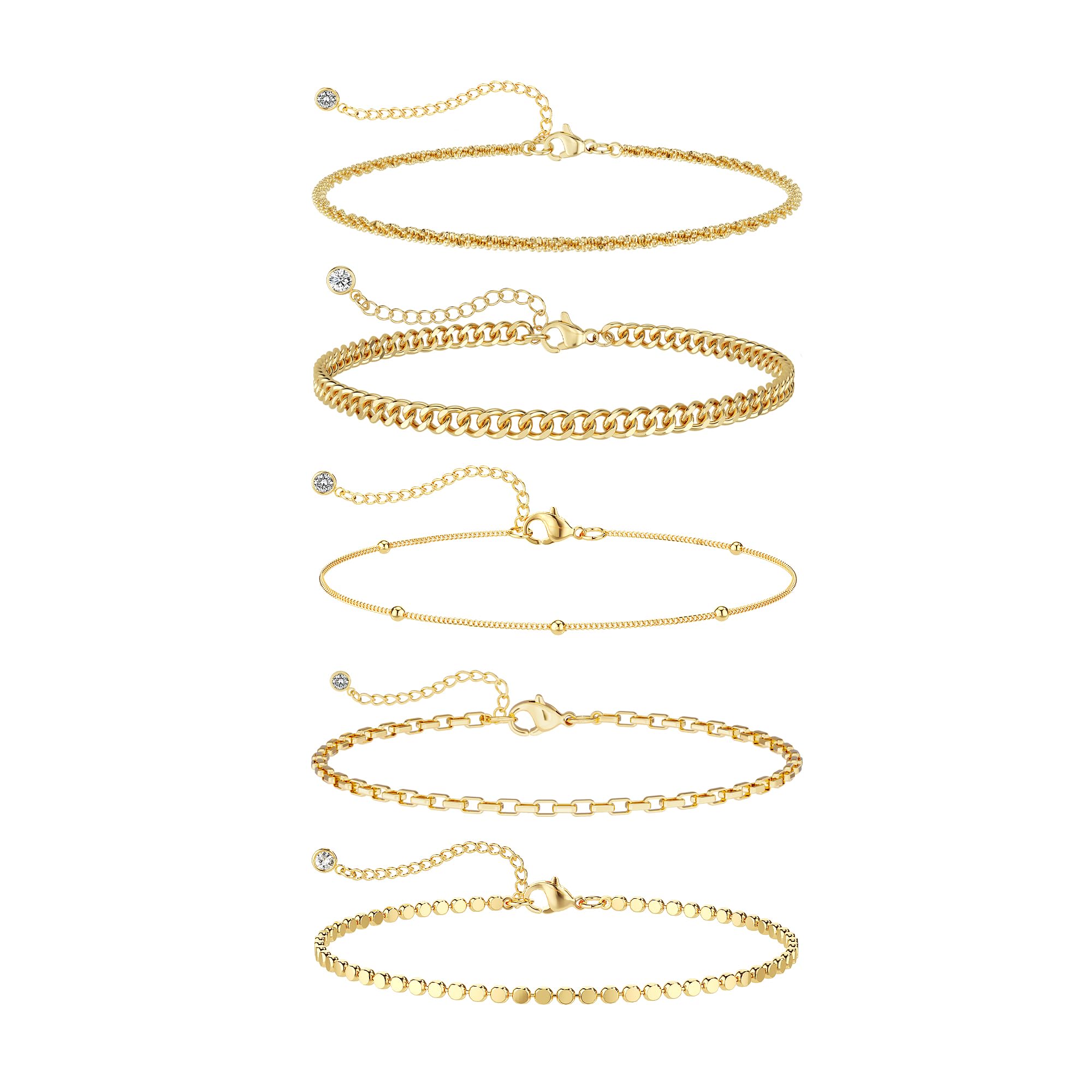 DEARMAY 6PCS Gold&Silver Bracelets Set for Women Dainty, Stackable Sterling Silver Plated Beaded Figaro Herringbone Paperclip Chain Waterproof, Layered Bracelets Set Gifts for Women Mom Her