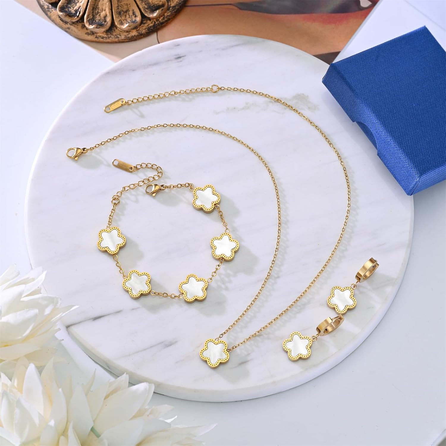 Lucky Clover Jewelry Set 18K Gold Plated Five Leaf Clover Necklace Bracelet Earrings Set Flower Jewelry Sets Birthday Gifts for Women
