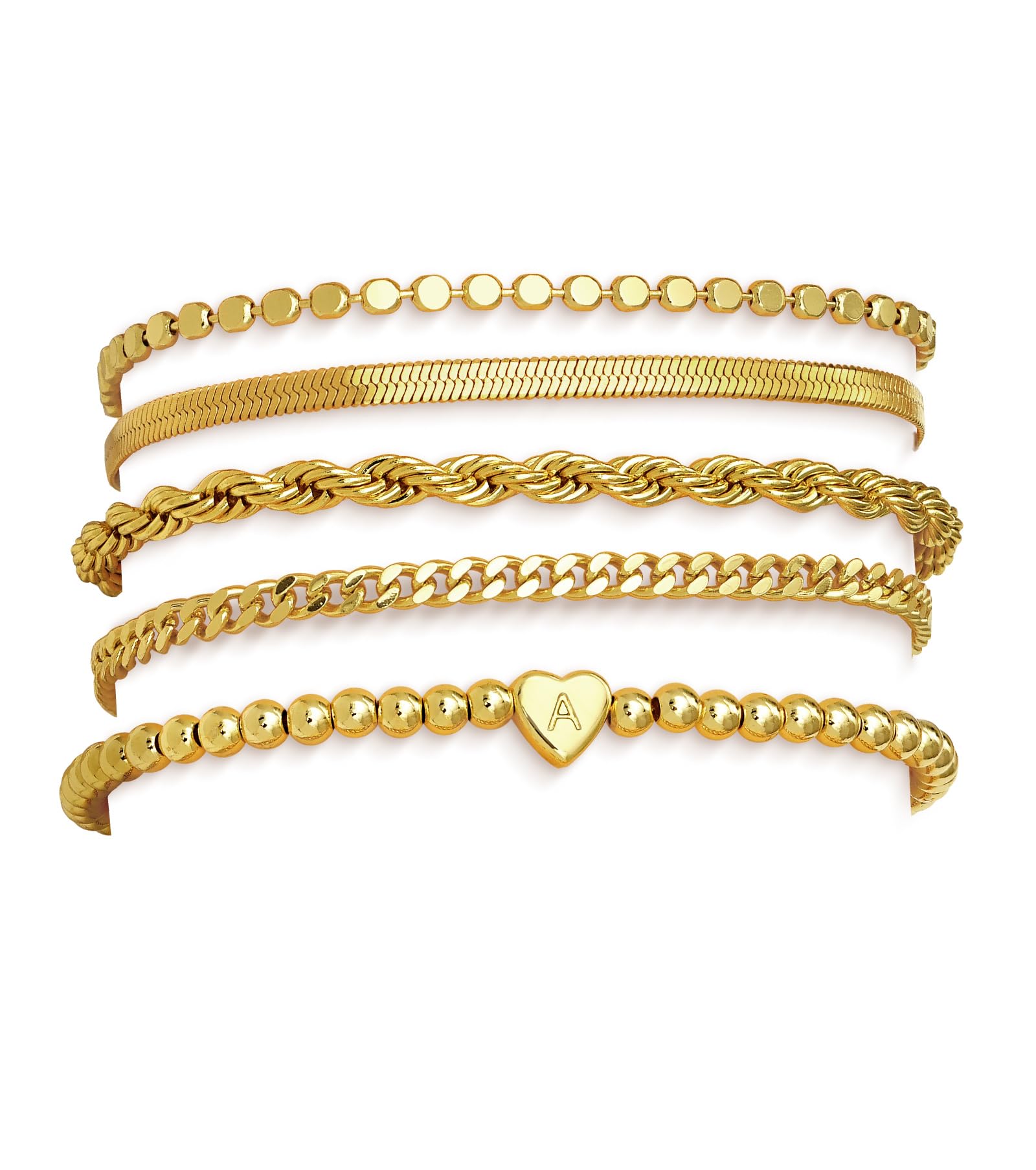 doubgood Gold Bracelets for Women Stackable, 14K Gold Plated Waterproof Bracelet Set, Dainty Adjustable Gold Bracelet Stack with Heart Initial Charm Layered Chain Jewelry Gifts for Women