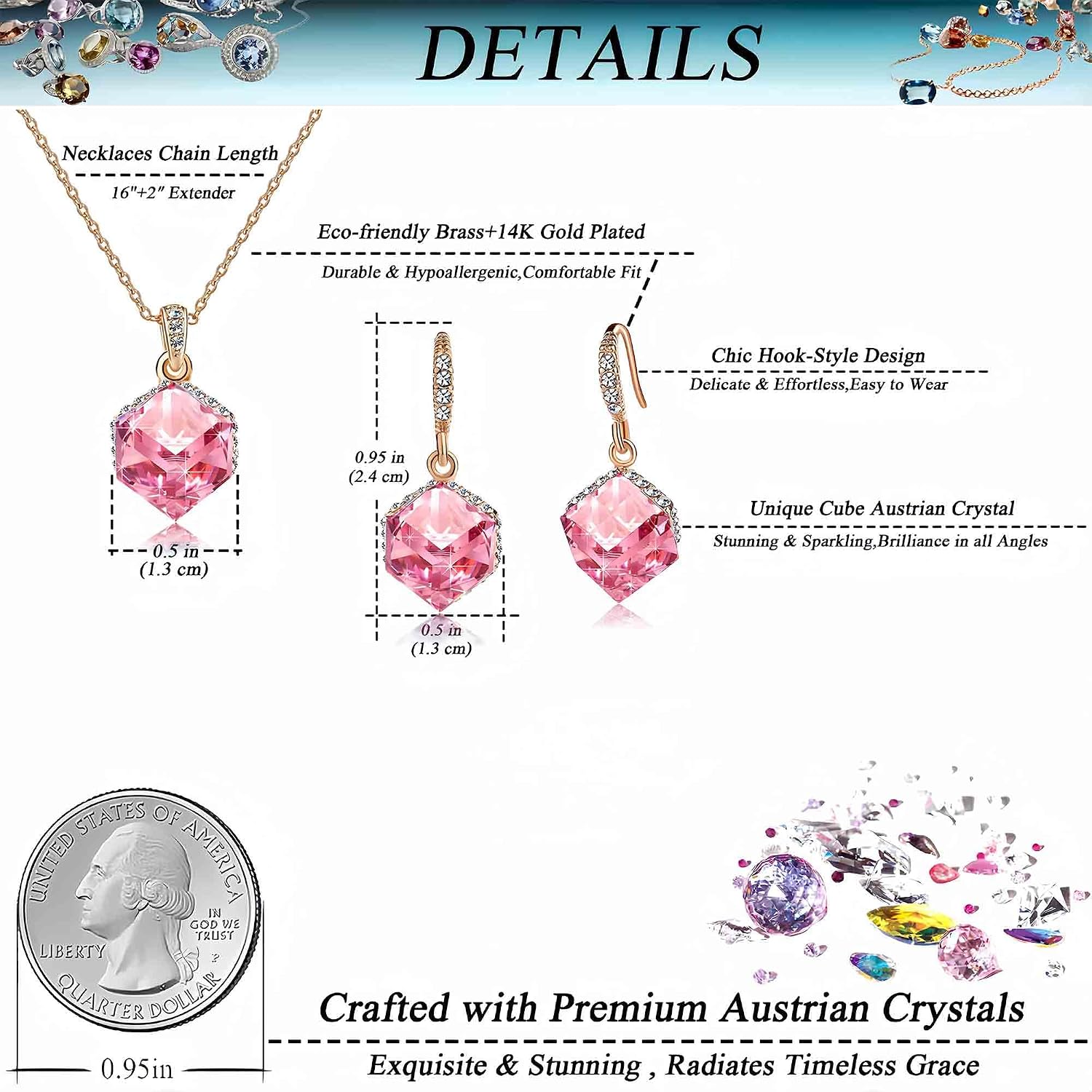 EVEVIC Colorful Cubic Austrian Crystal Pendant Necklace Earrings for Women 14K Gold Plated Hypoallergenic Jewelry Set