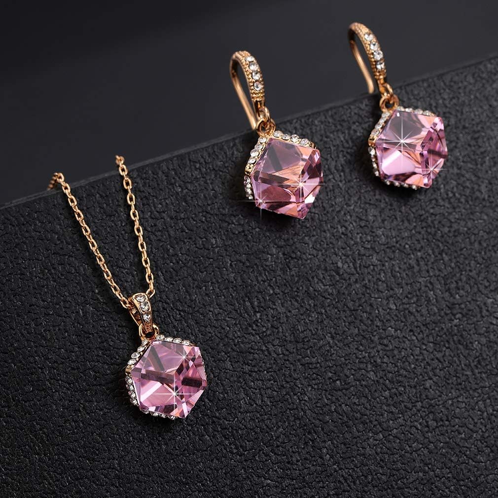 EVEVIC Colorful Cubic Austrian Crystal Pendant Necklace Earrings for Women 14K Gold Plated Hypoallergenic Jewelry Set