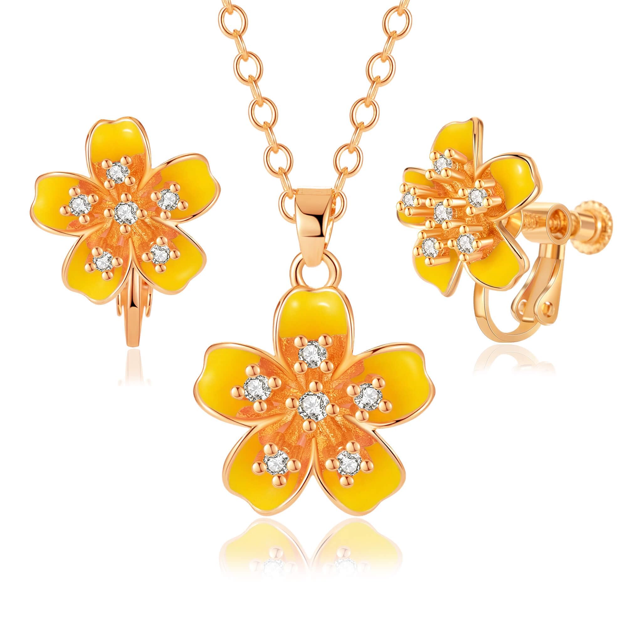 Austrian Crystal Enamel Flower Earrings and Necklace Jewelry Sets for Women | 14K gold plated brass,cute flower-shaped design,gift box,16+2" adjustable chain,women's jewelry set