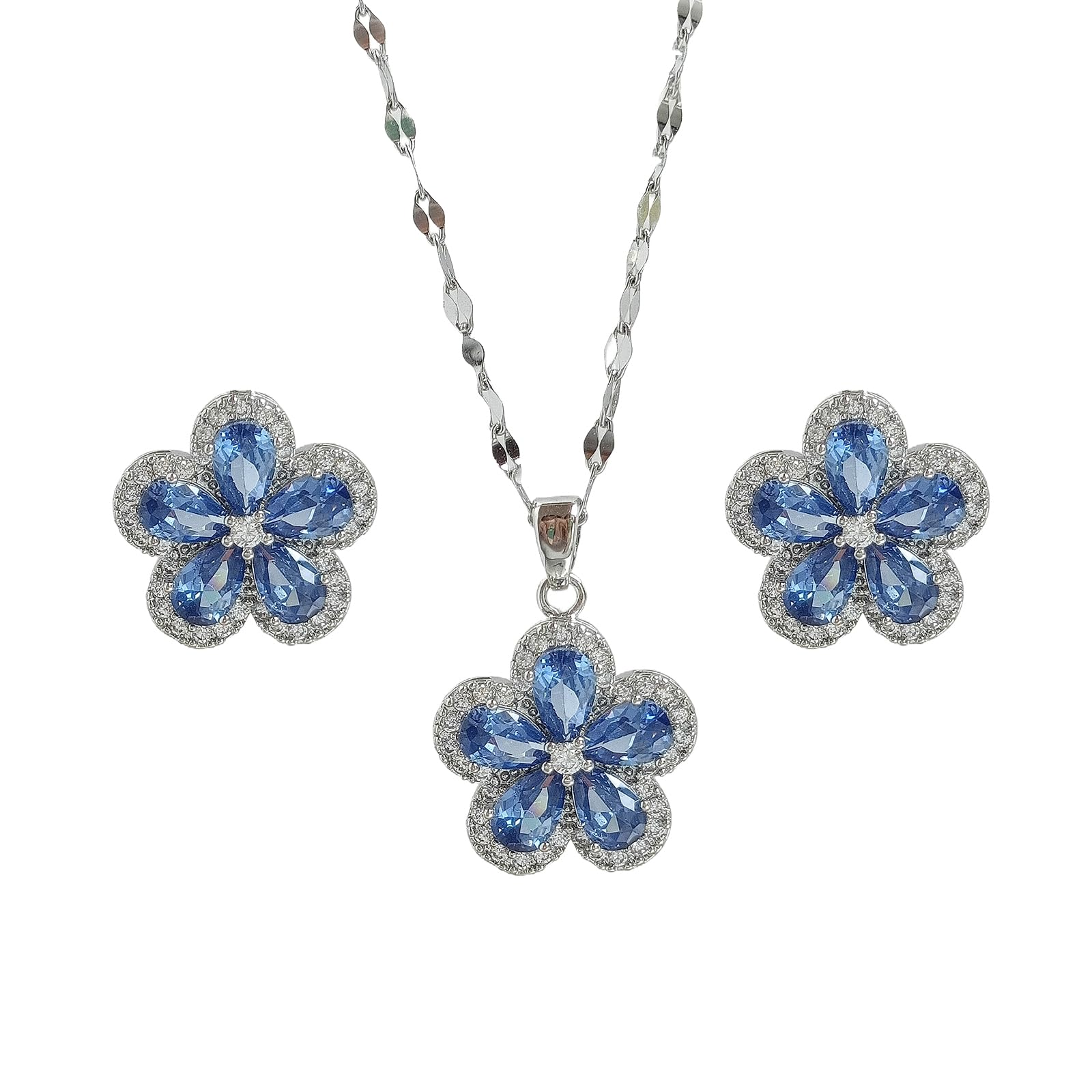 Delicate Zircon Flower Necklace Earrings Jewelry Set - 18K Gold Plated Stainless Steel Lip Chain Choker S925 Silver Needles Stud Earrings for Women, Luxury Accessories Gifts, Packed with Box