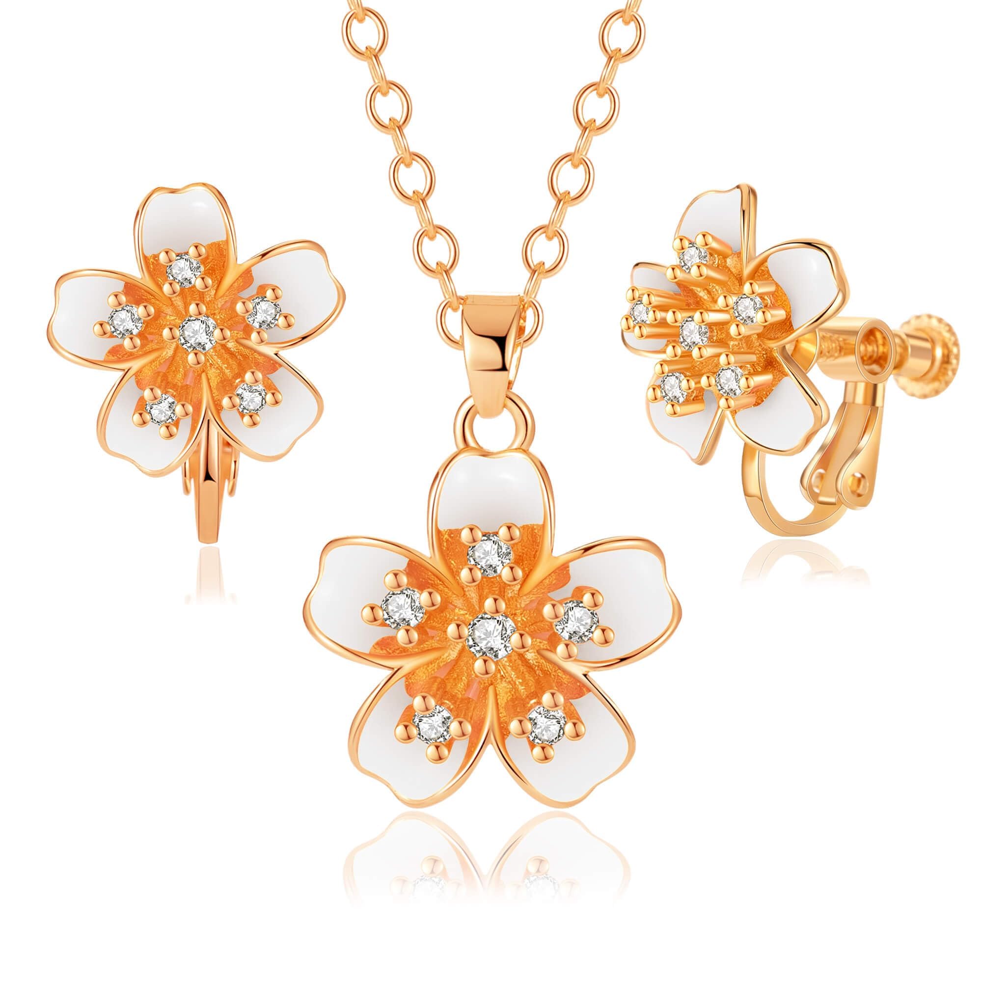 Austrian Crystal Enamel Flower Earrings and Necklace Jewelry Sets for Women | 14K gold plated brass,cute flower-shaped design,gift box,16+2" adjustable chain,women's jewelry set