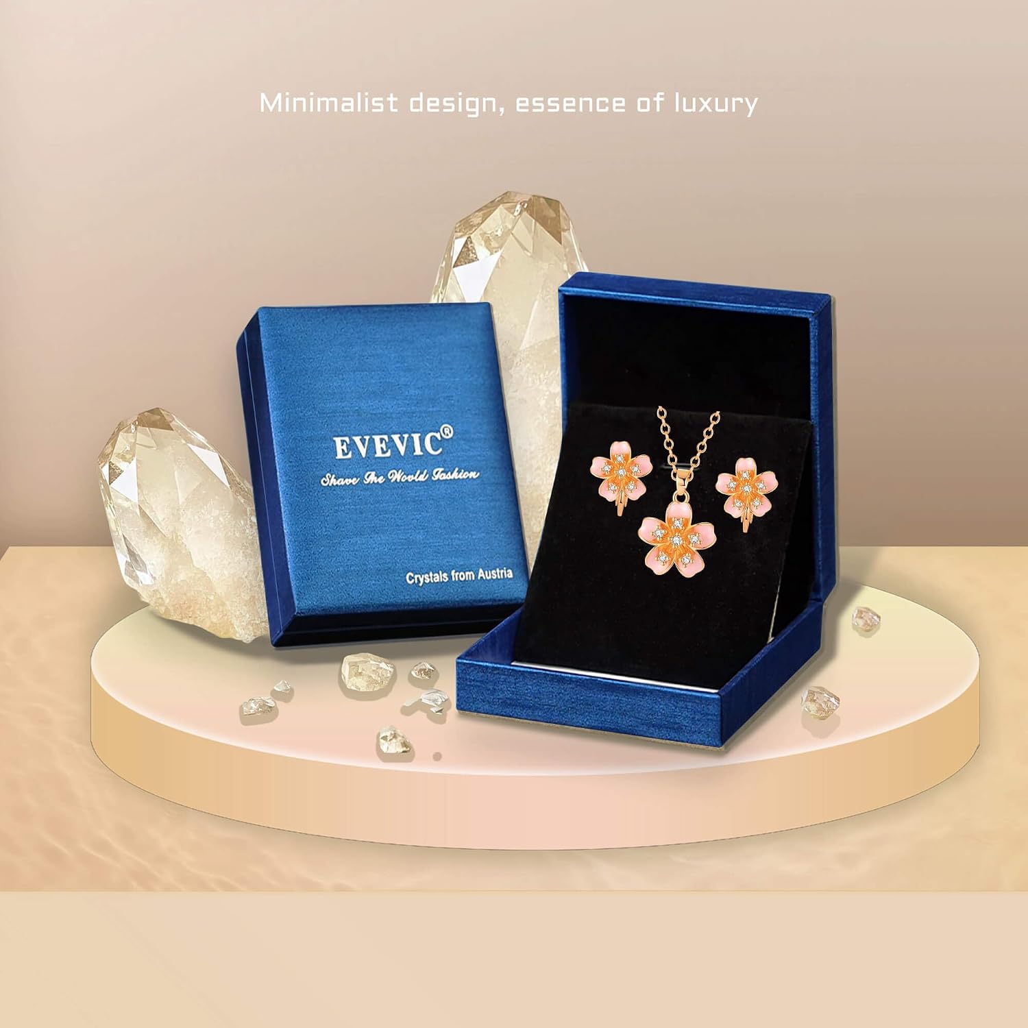 Austrian Crystal Enamel Flower Earrings and Necklace Jewelry Sets for Women | 14K gold plated brass,cute flower-shaped design,gift box,16+2" adjustable chain,women's jewelry set