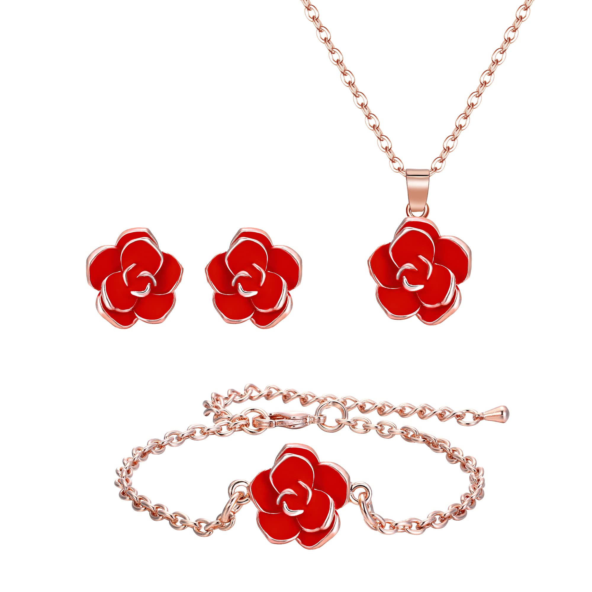 EleQueen Rose Flower Necklace Earrings Bracelet Set 14K Gold Plated Hypoallergenic Jewelry Sets Gift for Women