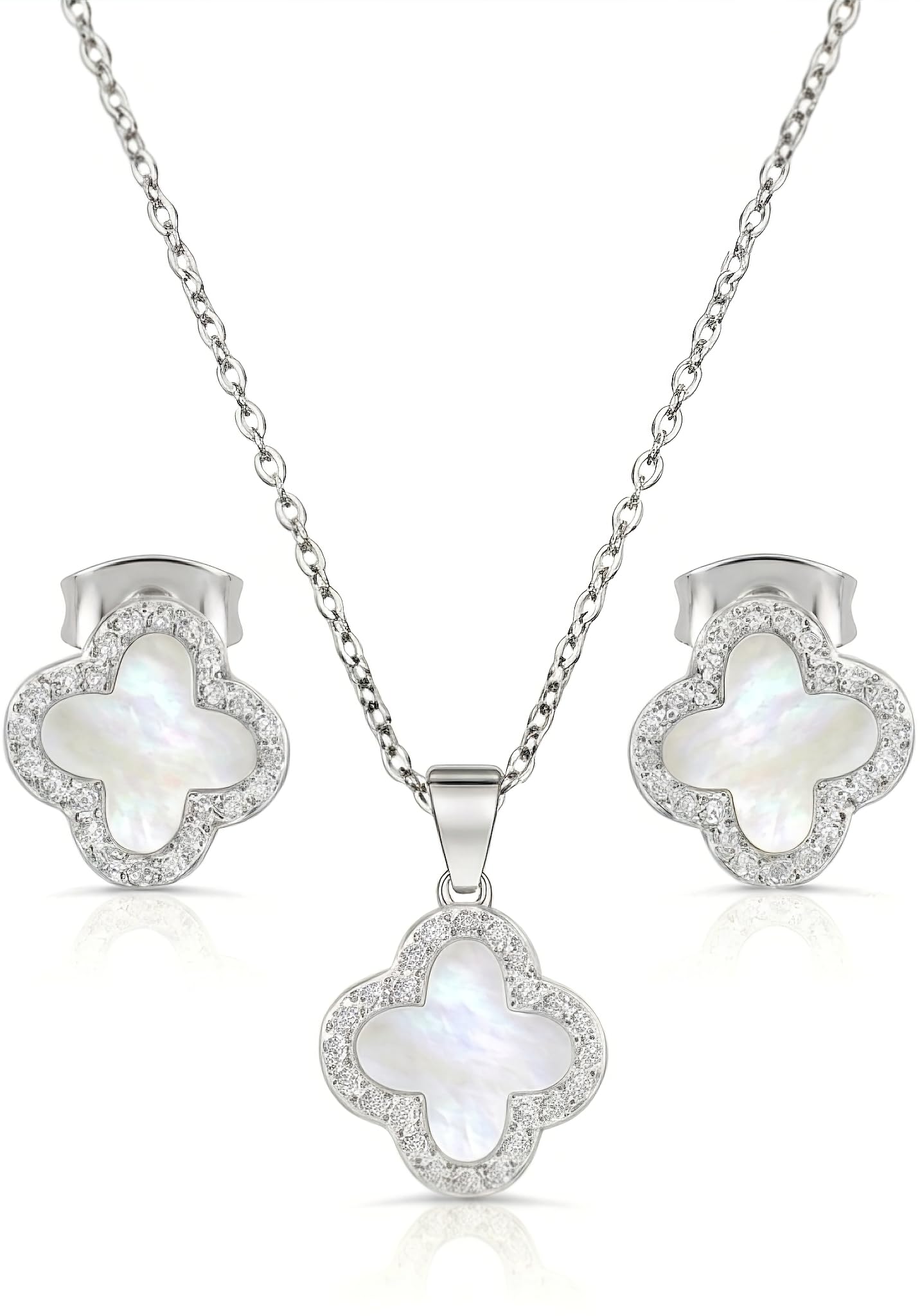 SHINYY Four Leaf Crystal Clover Necklace Earring Set for Women | 18K Gold Plated Cubic Zirconia Bracelet | 4 Leaf Lucky Pendant and Ear Studs | Jewelry Gift for Her