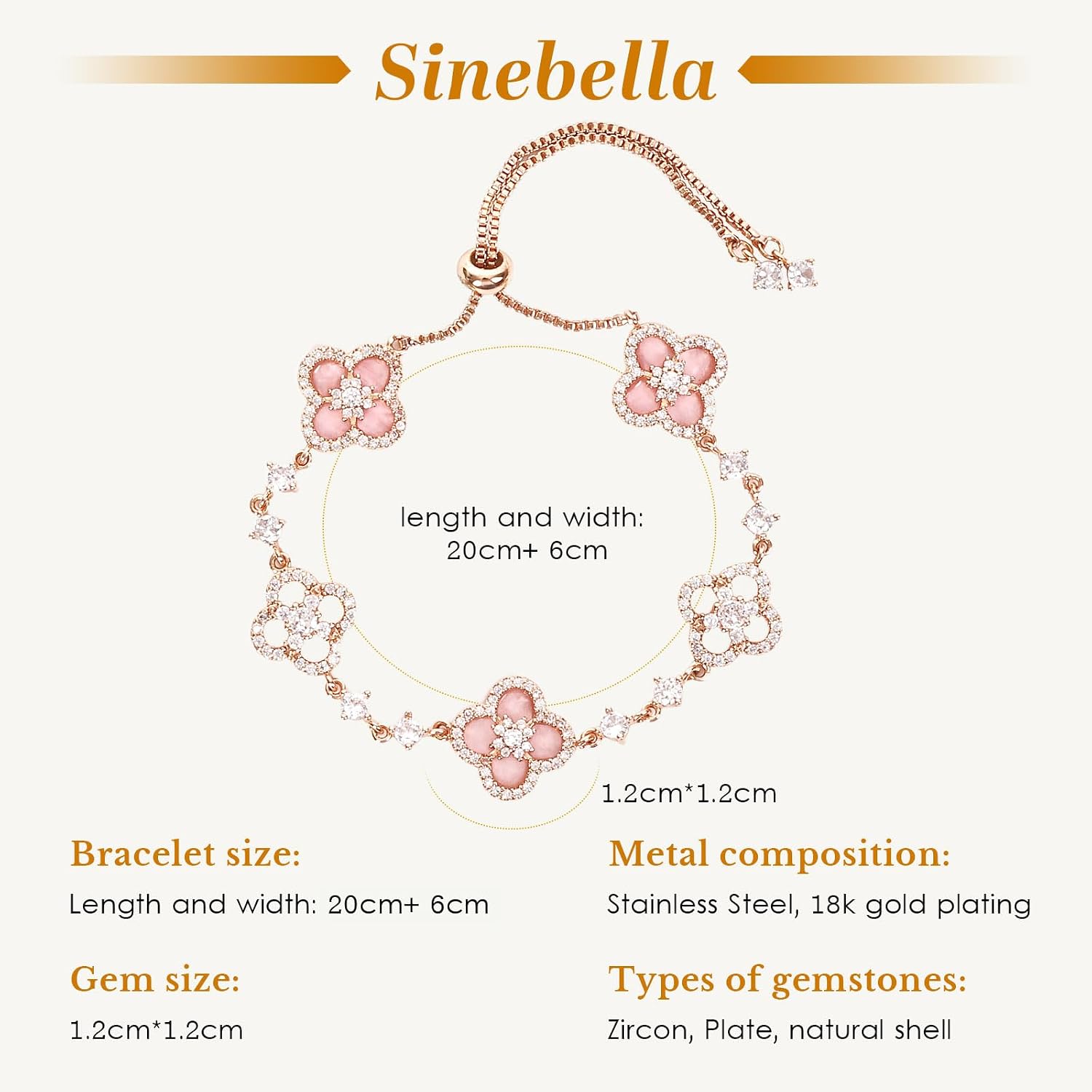 Women's 18K Gold Plated Clover Bracelet with Natural Shell - Four Leaf Lucky Charm Dainty Link Bracelets Jewelry for Women, Trendy Birthday/Mother's Day Gift