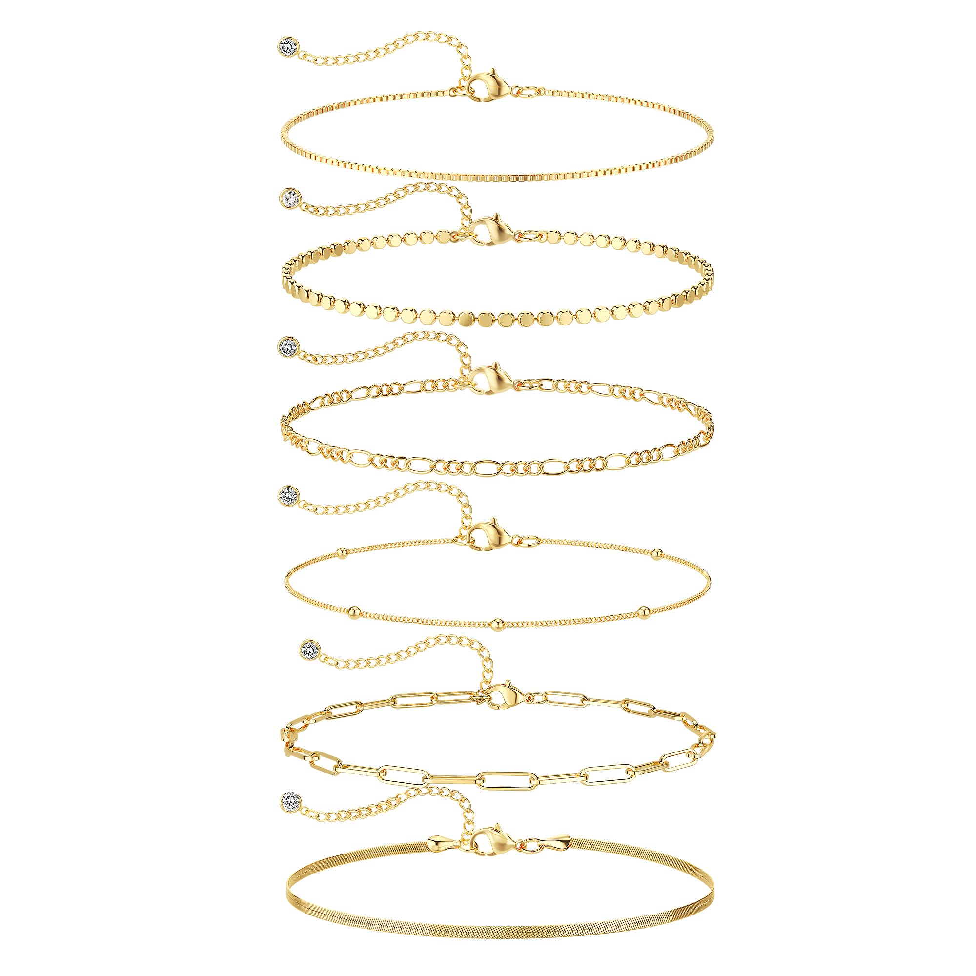 DEARMAY 6PCS Gold&Silver Bracelets Set for Women Dainty, Stackable Sterling Silver Plated Beaded Figaro Herringbone Paperclip Chain Waterproof, Layered Bracelets Set Gifts for Women Mom Her
