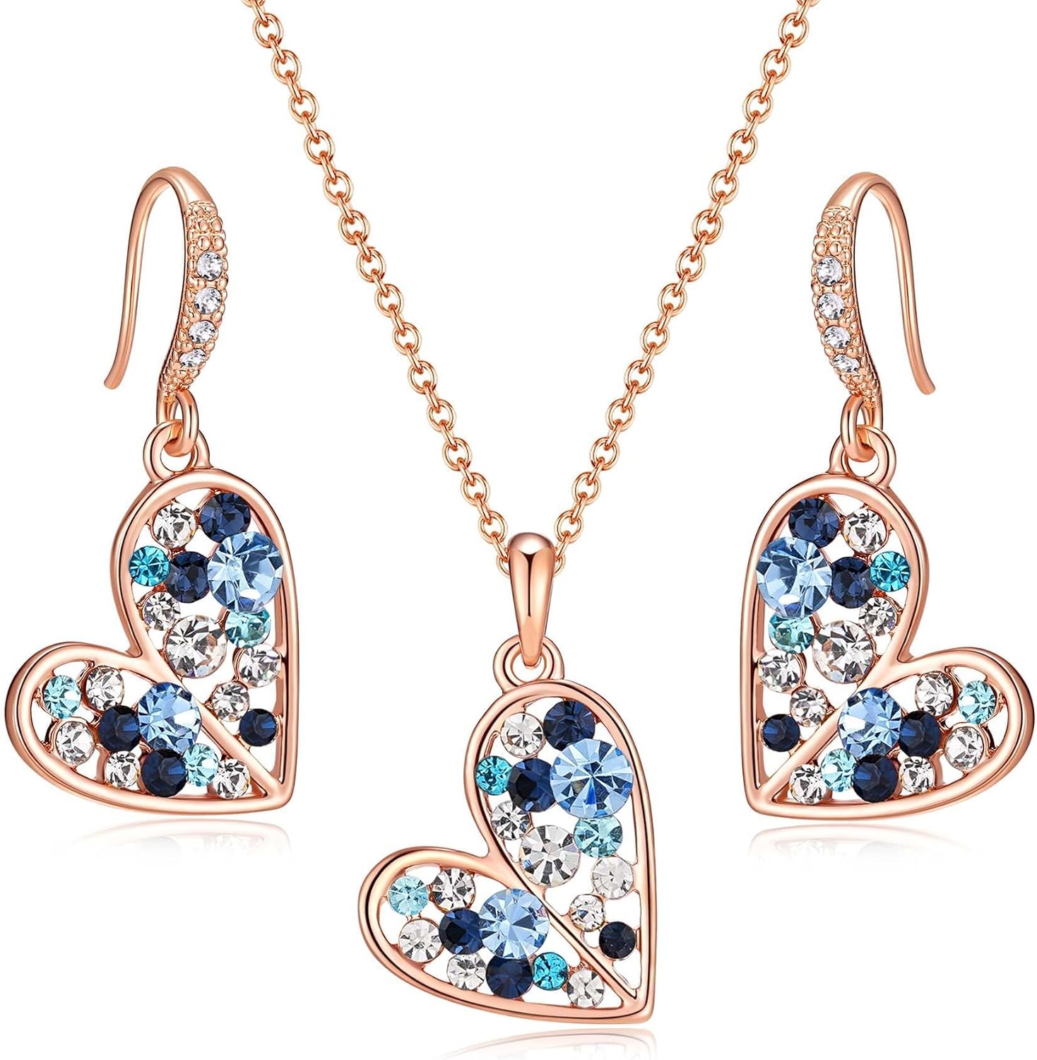 Austrian Crystal Heart Pendant Necklace Earrings Jewelry Sets for Women | Colorful Crystal,14K rose gold plated brass,Cute heart-shaped design,gift box,16+2" adjustable chain,women's jewelry set