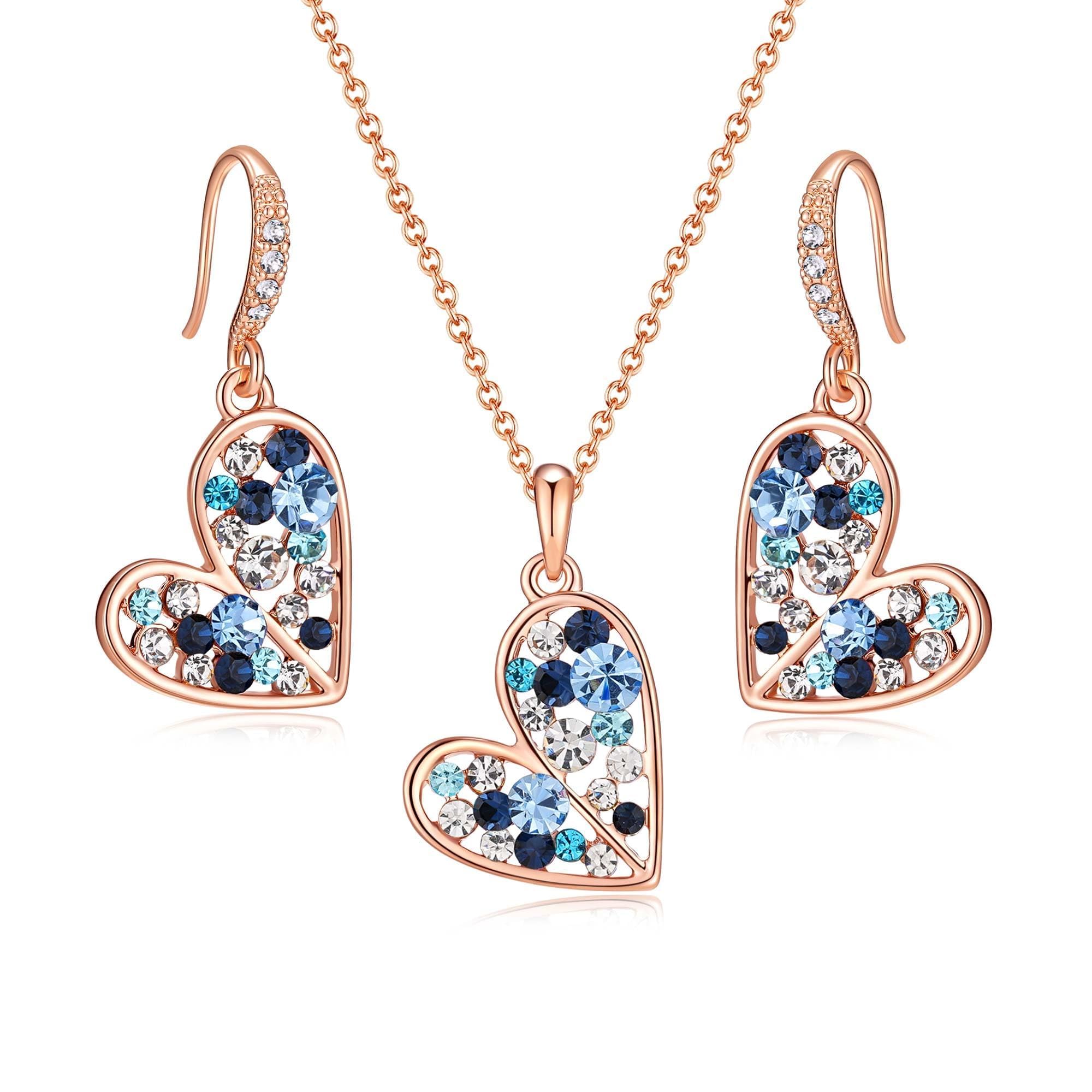 Austrian Crystal Heart Pendant Necklace Earrings Jewelry Sets for Women | Colorful Crystal,14K rose gold plated brass,Cute heart-shaped design,gift box,16+2" adjustable chain,women's jewelry set