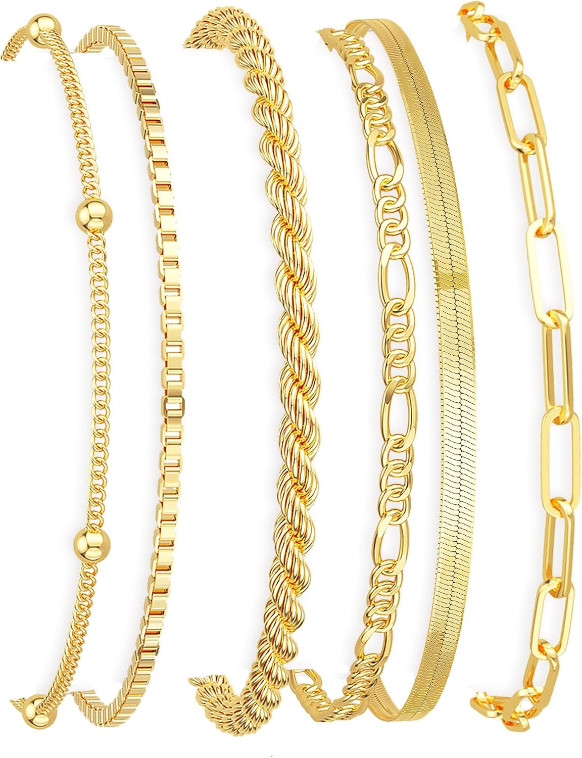 Dearmay Gold Bracelets for Women Waterproof, 14K Gold Plated Minimalist Bracelets Stack Non Tarnish Trendy Dainty Herringbone Vintage Cuban Paperclip Rope Thin Box Link Chain Stackable Jewelry Sets Modern Fashion Accessories Gifts for Womens