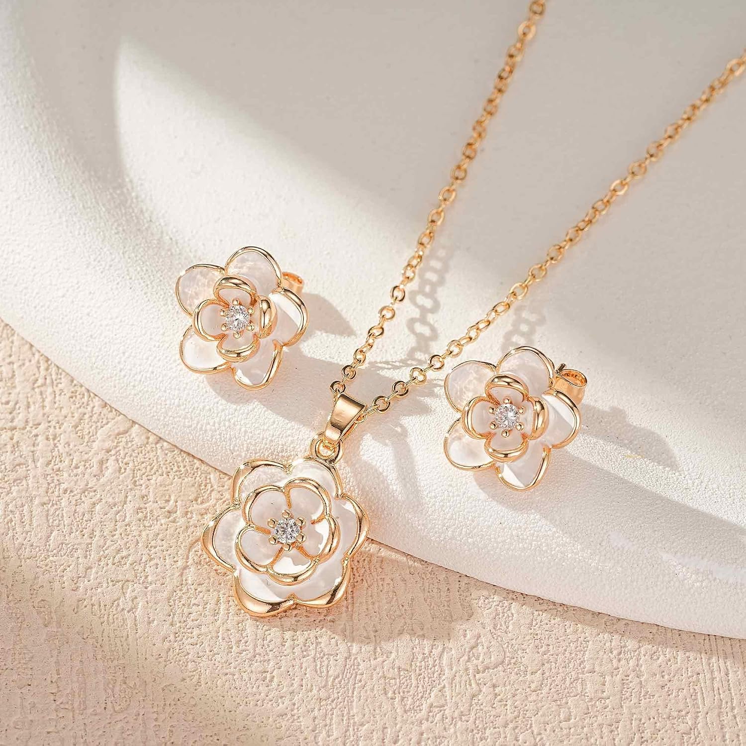 EVEVIC Dainty Flower Pendant Necklace Earrings for Women 14K Gold Plated Hypoallergenic Jewelry Sets