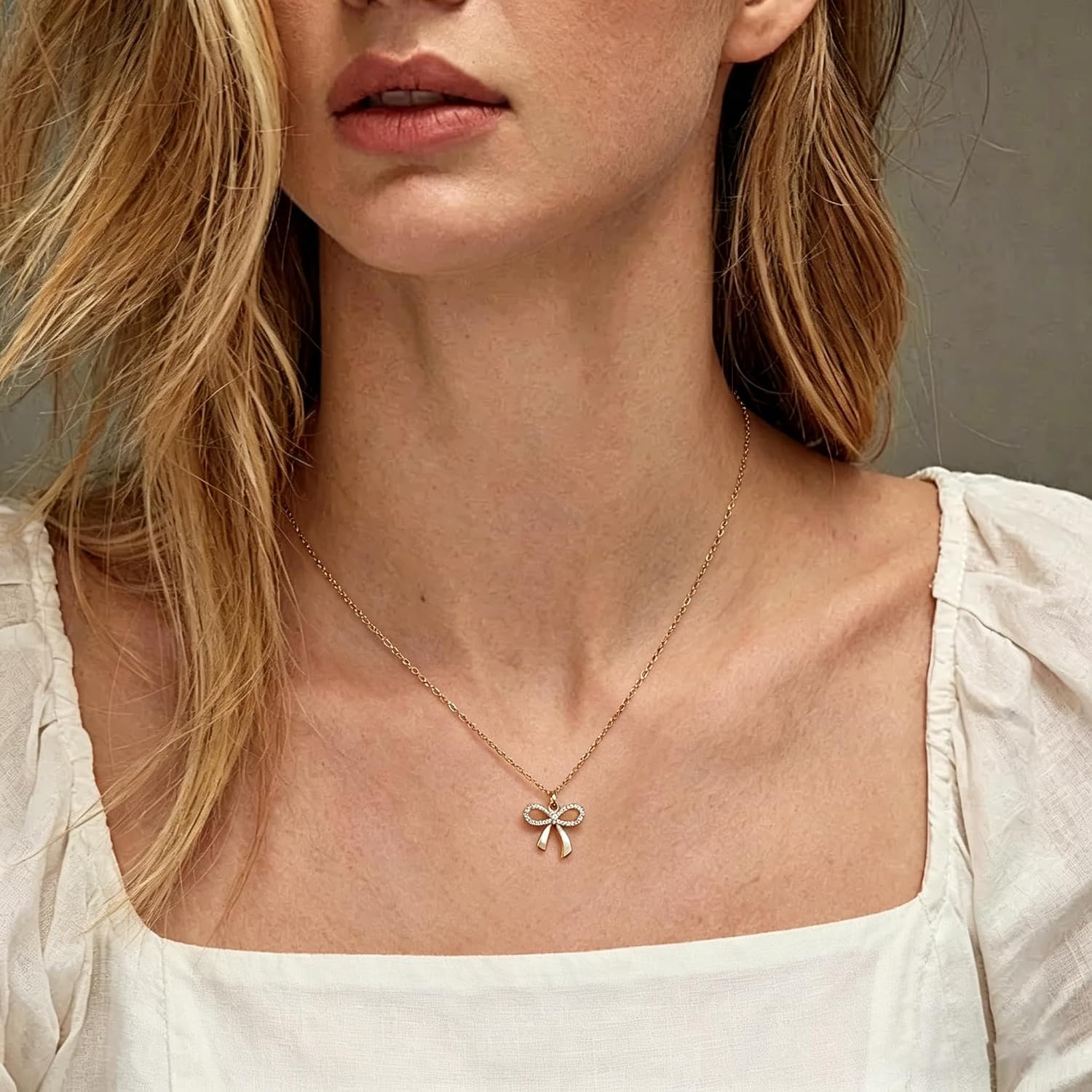 Bow Necklace Earrings for Women 14K Gold Plated Bowknot Choker Dainty Bow Earring Wedding Prom Fashion Jewelry Set Gifts (style - Zirconia bow)