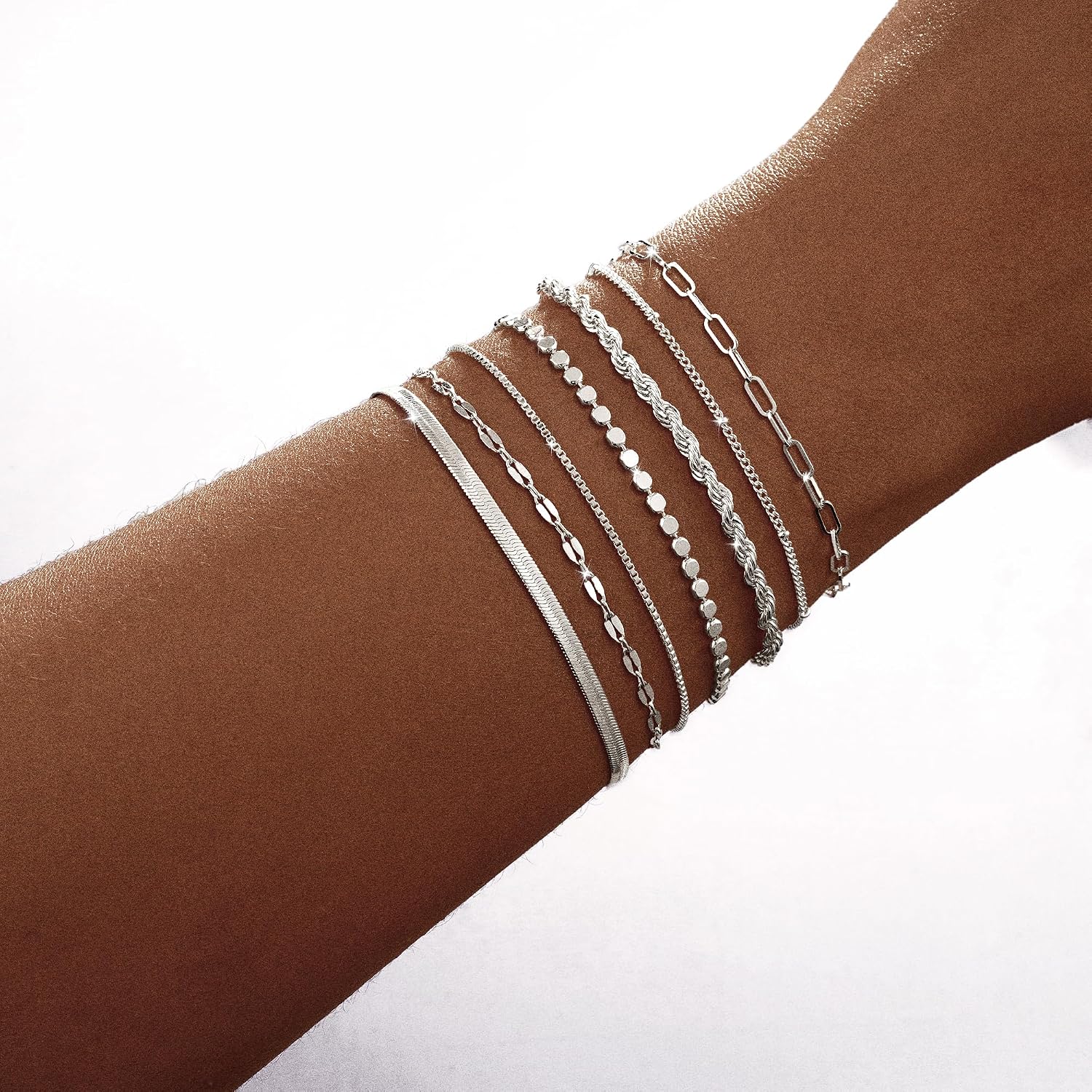 Kyerlyn Silver Bracelets for Women Trendy Waterproof Silver Dainty Bracelet Stack Adjustable Layered Bracelet Set Minimalist Fashion Jewelry