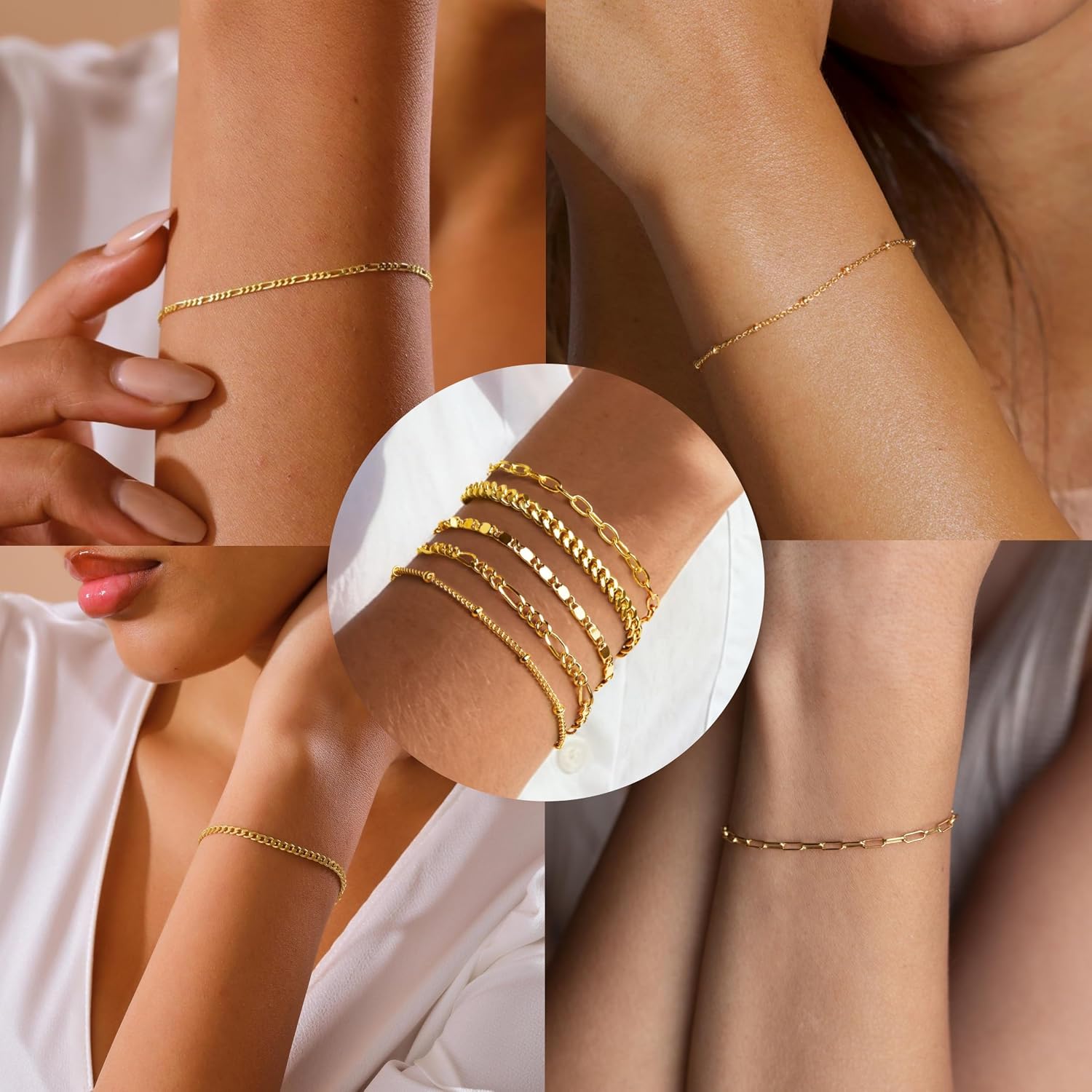 Gokeey Gold Bracelets Set for Women Non Tarnish Trendy,14K Gold Plated Dainty Stackable Paperclip Cuban Link Chain Bracelets, Simple Cute Cuff Bracelets Jewelry Set Adjustable 7"+2"