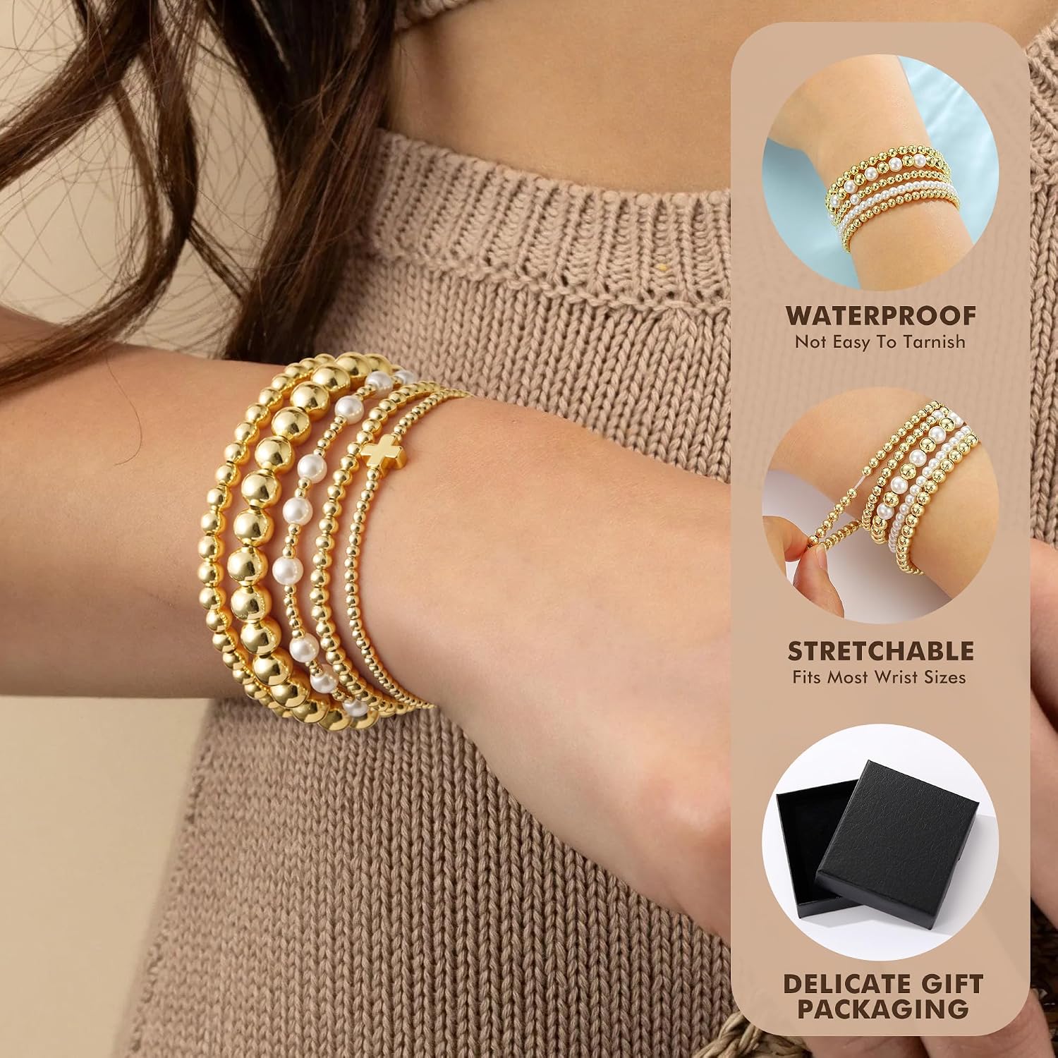 Yoosteel Gold Beaded Bracelets Set for Women Teen Girl Gifts Non Tarnish - 14K Gold Plated Dainty Round Beaded Pearl Cross Bracelet Stack for Women Teenage Girls Stackable Jewelry Gifts