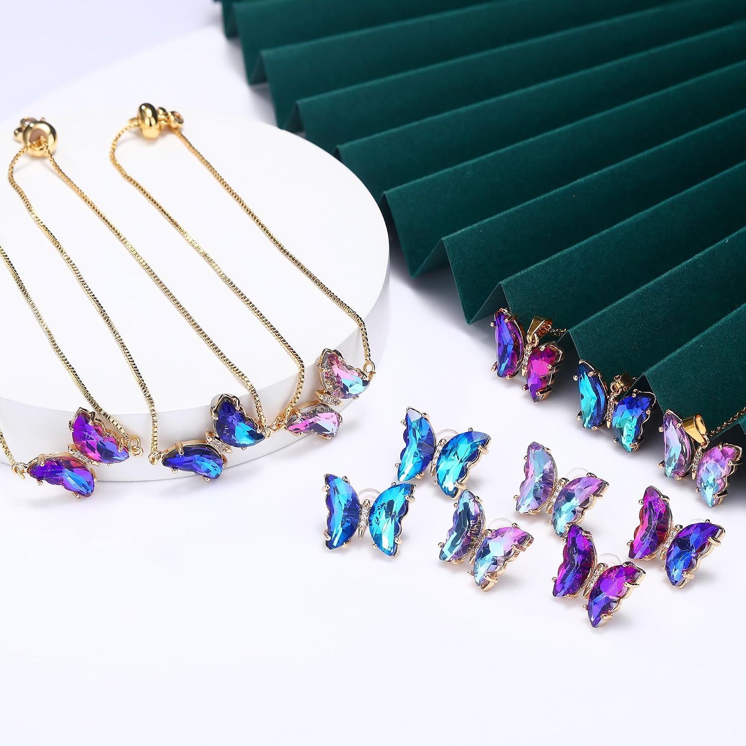 Butterfly Crystal Jewelry Set with Butterfly Necklace Stud Earrings Bolo Bracelet Adjustable Ring for Women Trendy, Iridescent Y2K Dainty Butterfly Jewelry Gifts