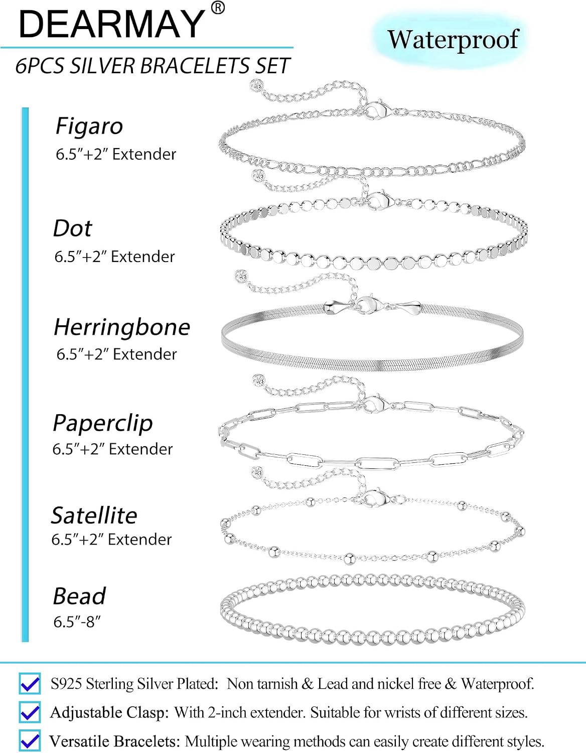 DEARMAY 6PCS Gold&Silver Bracelets Set for Women Dainty, Stackable Sterling Silver Plated Beaded Figaro Herringbone Paperclip Chain Waterproof, Layered Bracelets Set Gifts for Women Mom Her