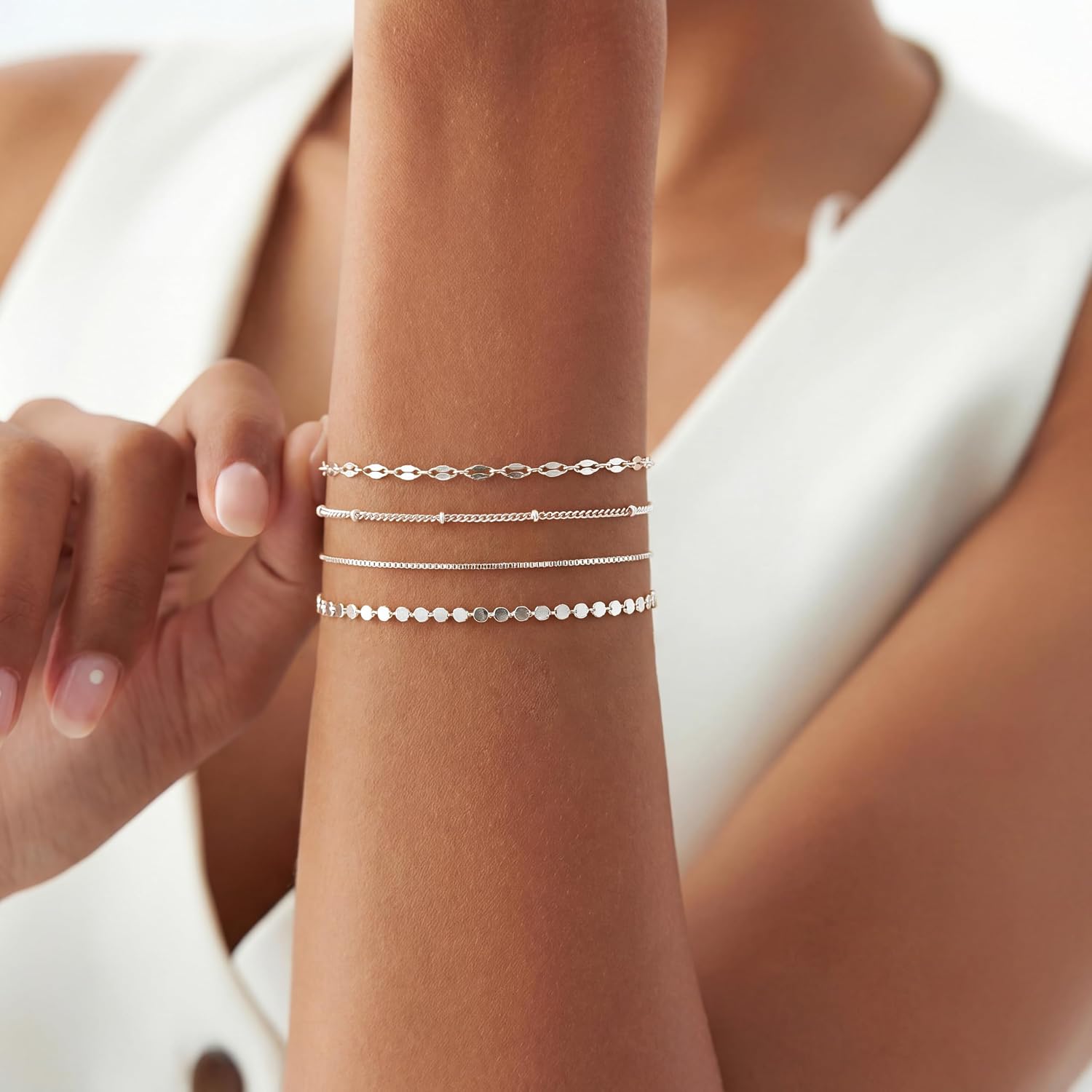 MBW Sterling Silver Bracelets for Women Trendy, Minimalist Simple Dainty S925 Silver Plated Bracelets for Women Stack Waterproof Jewelry Small Thin Bracelet Set for Womens Teen Gift