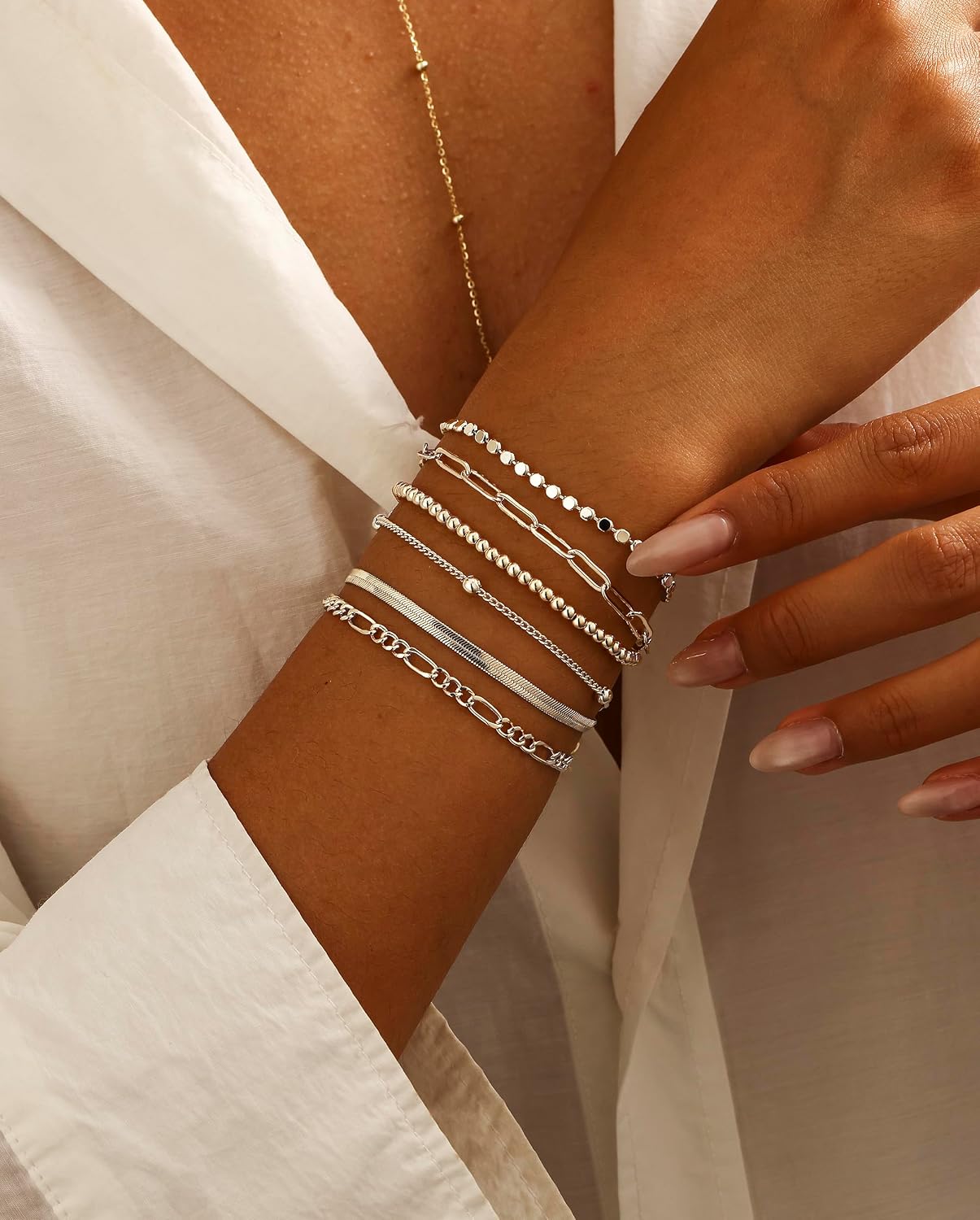 DEARMAY 6PCS Gold&Silver Bracelets Set for Women Dainty, Stackable Sterling Silver Plated Beaded Figaro Herringbone Paperclip Chain Waterproof, Layered Bracelets Set Gifts for Women Mom Her