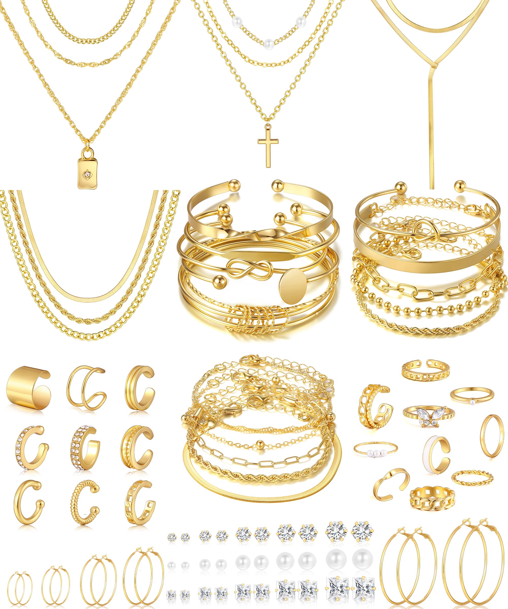 17 MILE 78 Pieces Gold Jewelry Set for Women, 9 Necklace, 24 Bracelet, 22 Earrings, 23 Knuckle Rings Gold Plated Jewerly set for Women Gift
