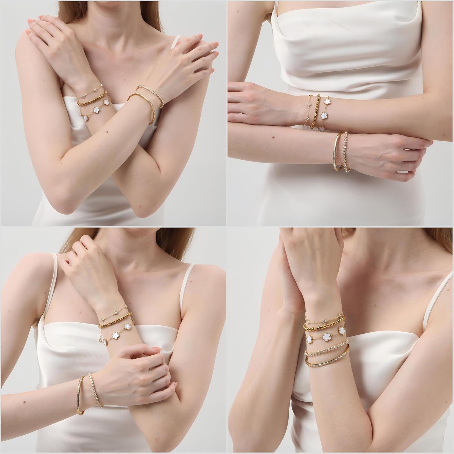 18K Gold Plated Clover Bracelet Set for Women - Four Leaf Lucky Clover Stackable Bracelets, Adjustable Beaded Chain Jewelry, Trendy Birthday Gift for Her