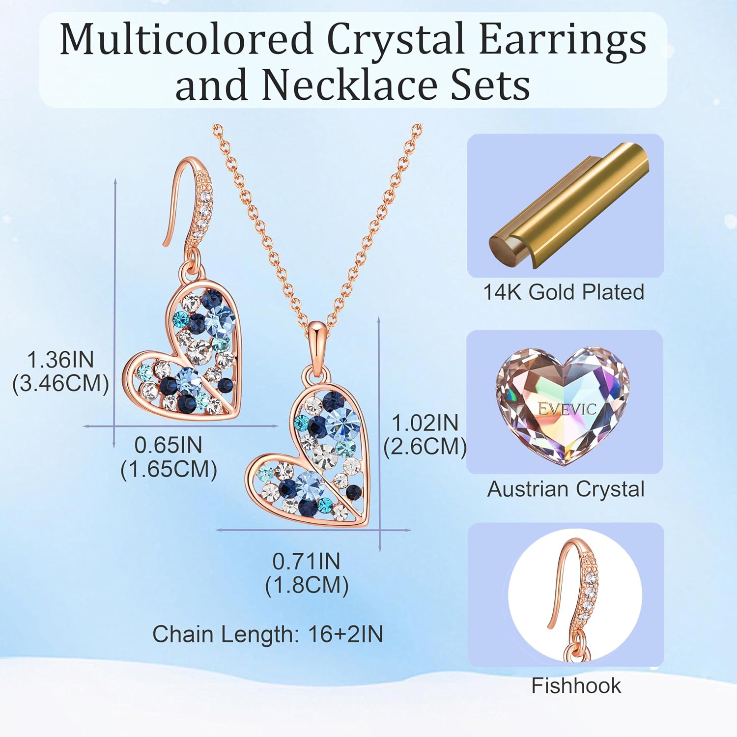 Austrian Crystal Heart Pendant Necklace Earrings Jewelry Sets for Women | Colorful Crystal,14K rose gold plated brass,Cute heart-shaped design,gift box,16+2" adjustable chain,women's jewelry set