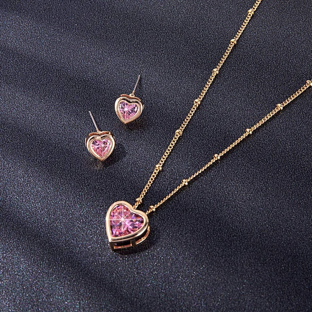 EVEVIC Austrian Crystal Heart Pendant Necklace Earrings for Women 14K Gold Plated Hypoallergenic Jewelry Set