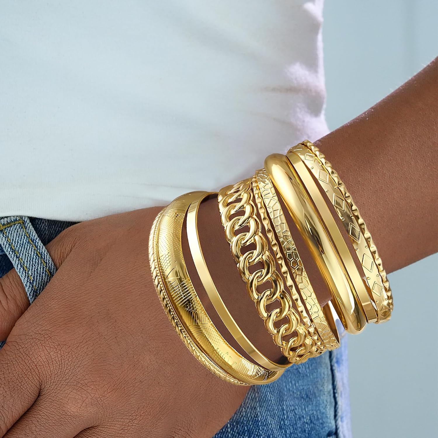ÌF ME Gold Bangle Bracelets for Women, Indian Bangles Stackable Set, Multi Layer Textured 18K Gold Plated Chunky Bracelets Boho Jewelrys Set