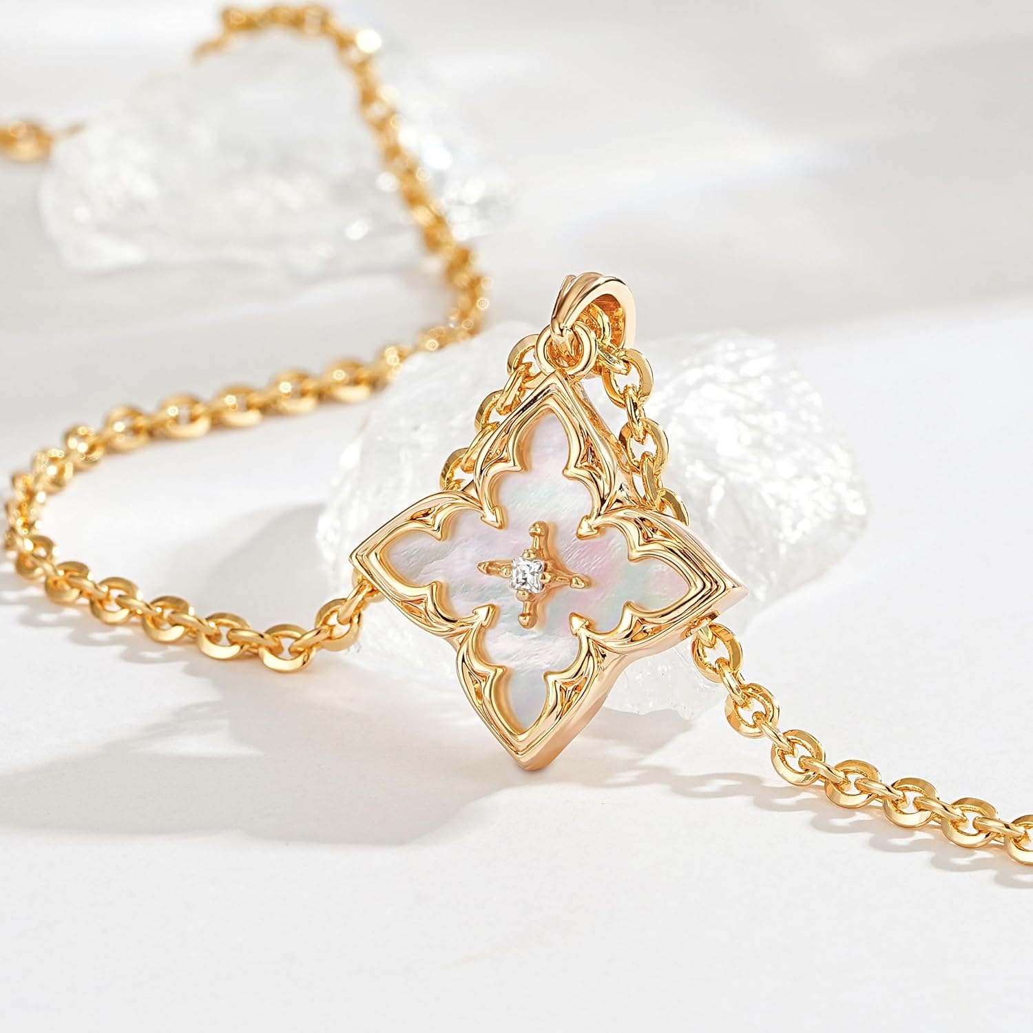 Fettero Gold Clover Necklace for Women Dainty 14K Gold Plated CZ Pendant Necklace Adjustable Chain Choker Charm Colorful Clover Pendant Lucky Necklaces for Women Jewelry