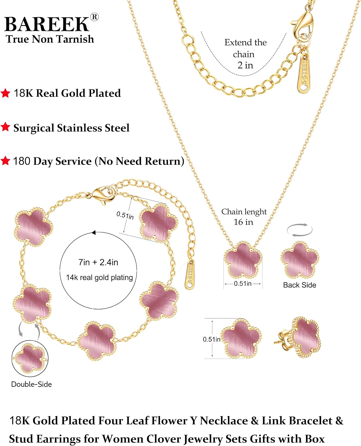 Clover Jewelry Set 3 PC - 18K Gold Plated Stainless Steel Y Necklace Four Leaf Pendant, Clover Link Bracelet Charm, Flower Earrings, Hypoallergenic Non-Tarnish,Simple Luxury Lucky Gifts for Women