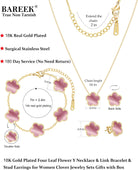 Clover Jewelry Set 3 PC - 18K Gold Plated Stainless Steel Y Necklace Four Leaf Pendant, Clover Link Bracelet Charm, Flower Earrings, Hypoallergenic Non-Tarnish,Simple Luxury Lucky Gifts for Women