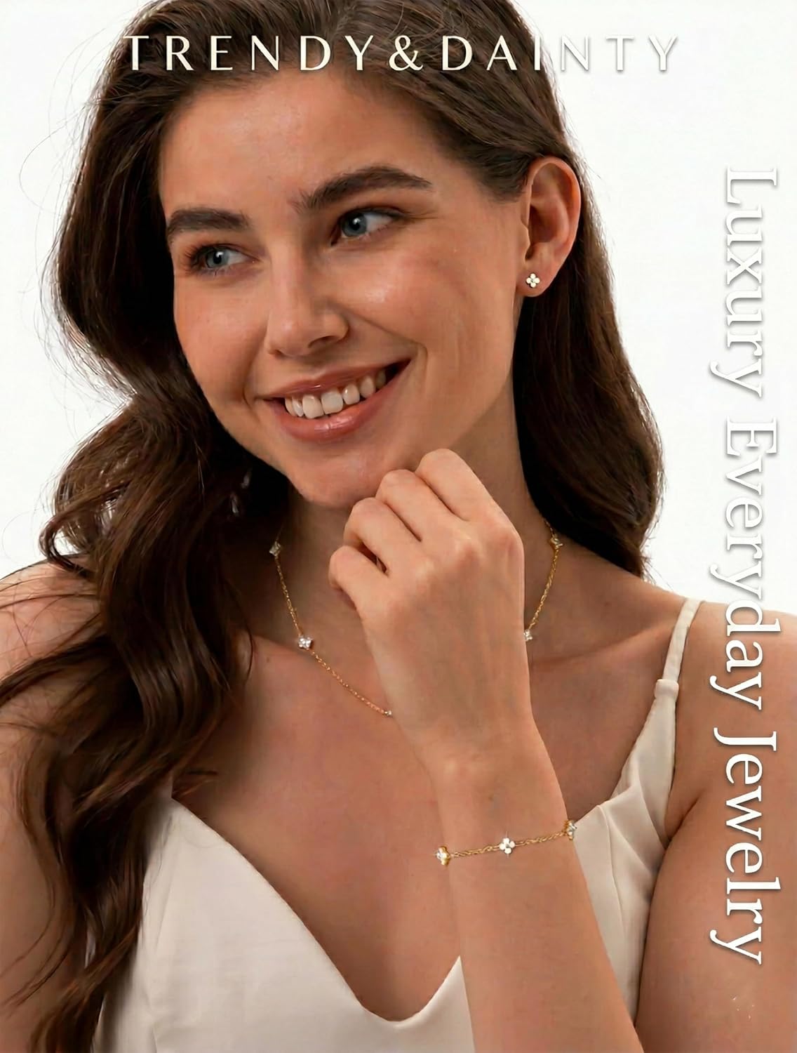 ORAZIO Dainty Silver Gold Jewelry Set for Women Trendy 14K Gold Plated CZ Flowers Pendant Choker Necklaces for Women Stud Earrings Link Bracelets Stack Jewelry Gifts for Wedding Prom Brides