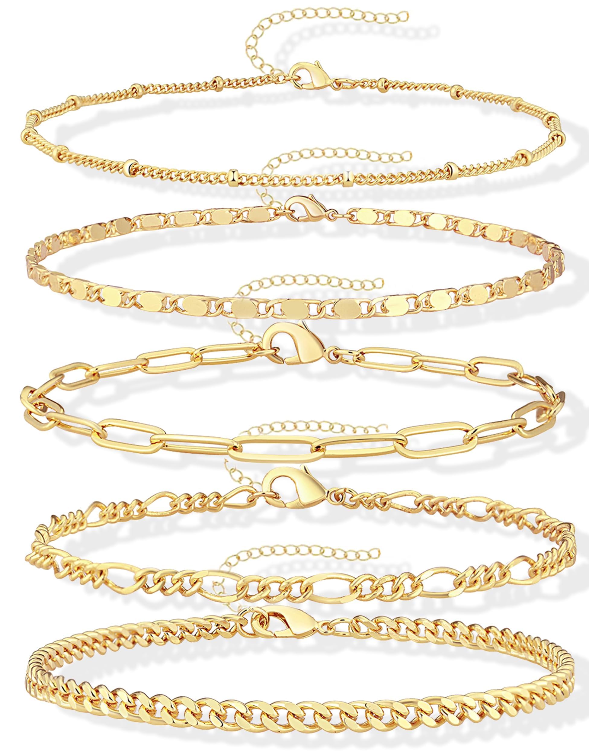 Gokeey Gold Bracelets Set for Women Non Tarnish Trendy,14K Gold Plated Dainty Stackable Paperclip Cuban Link Chain Bracelets, Simple Cute Cuff Bracelets Jewelry Set Adjustable 7"+2"