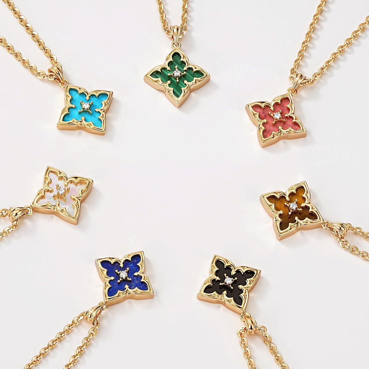 Fettero Gold Clover Necklace for Women Dainty 14K Gold Plated CZ Pendant Necklace Adjustable Chain Choker Charm Colorful Clover Pendant Lucky Necklaces for Women Jewelry