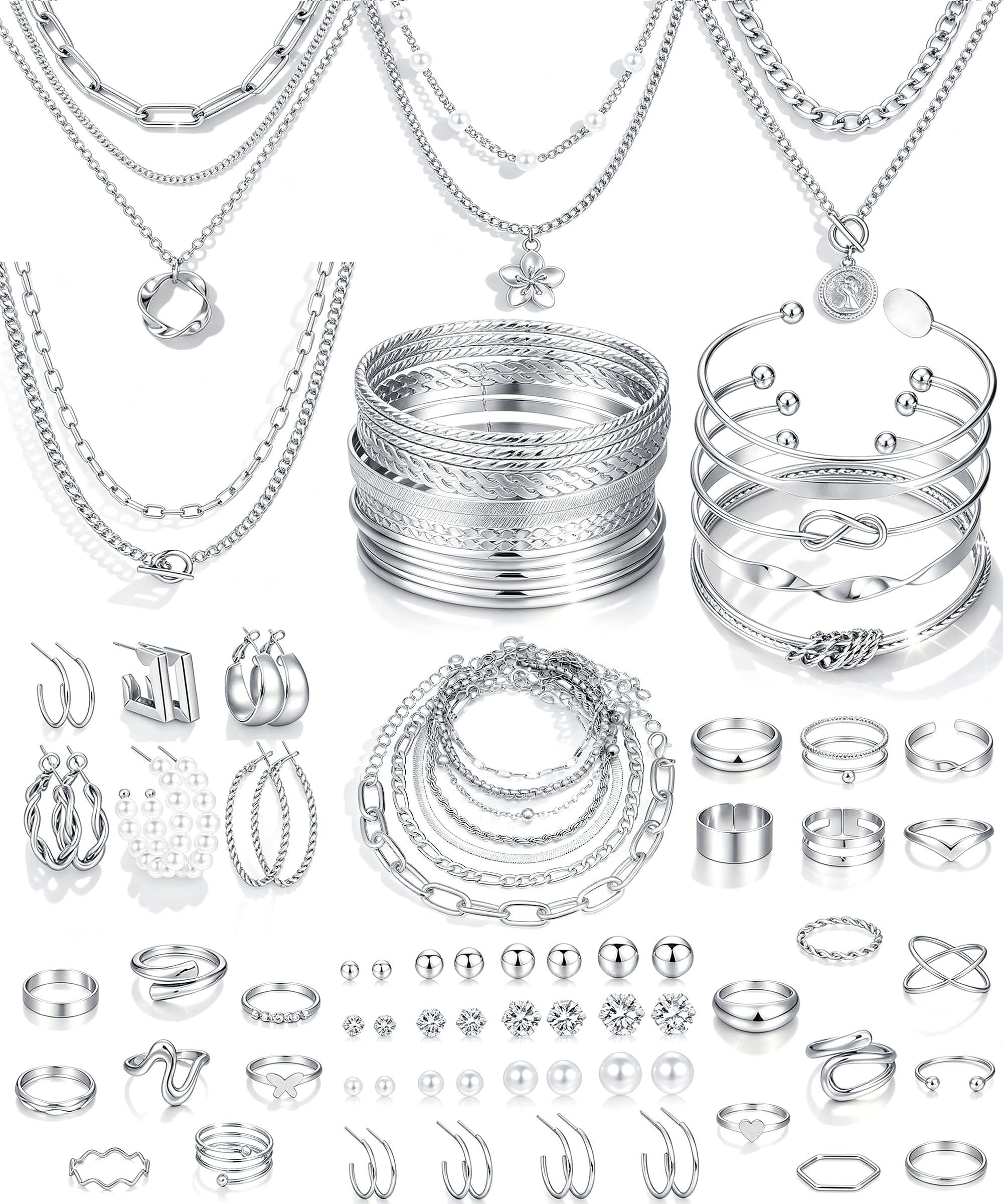17 MILE 78 Pieces Gold Jewelry Set for Women, 9 Necklace, 24 Bracelet, 22 Earrings, 23 Knuckle Rings Gold Plated Jewerly set for Women Gift