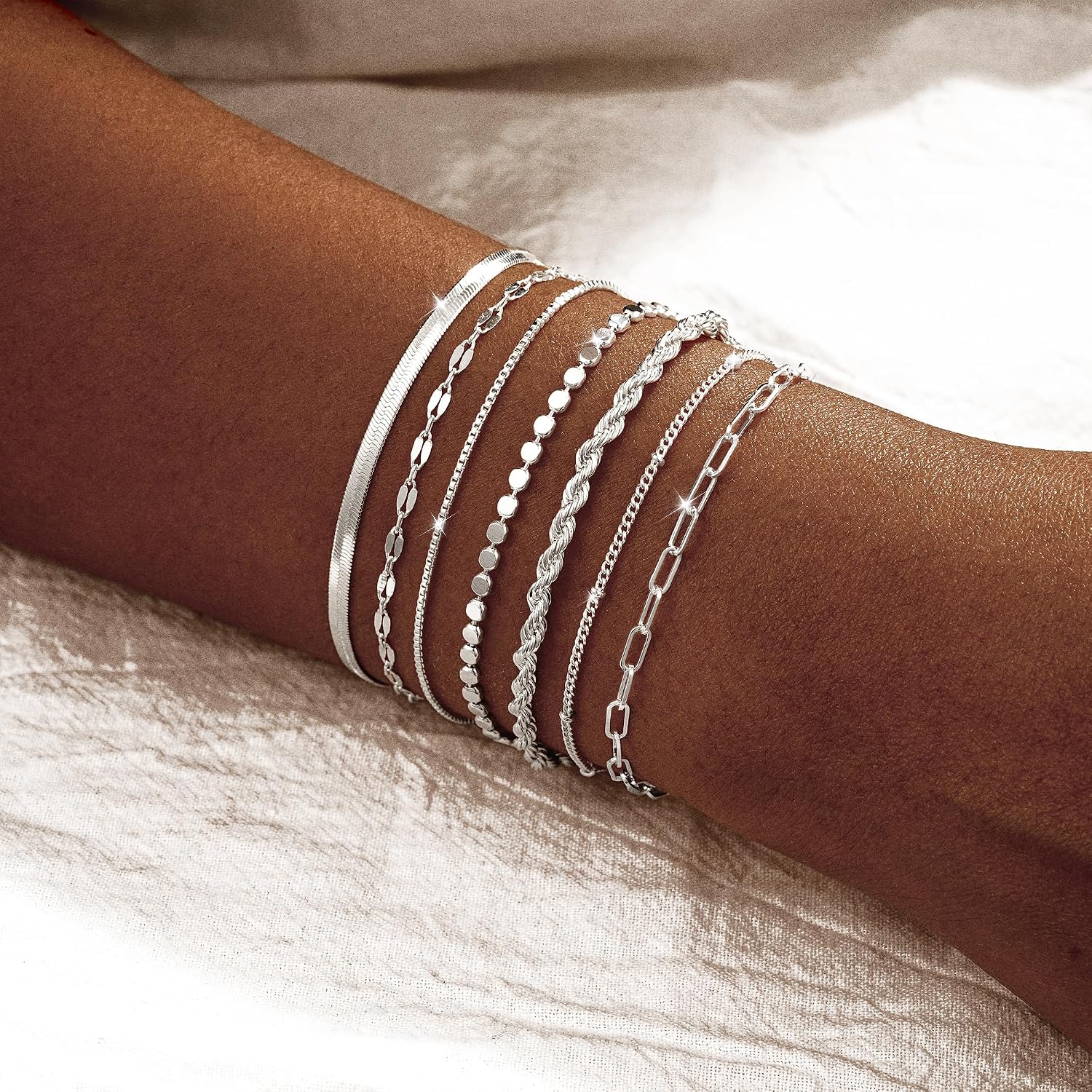 Kyerlyn Silver Bracelets for Women Trendy Waterproof Silver Dainty Bracelet Stack Adjustable Layered Bracelet Set Minimalist Fashion Jewelry
