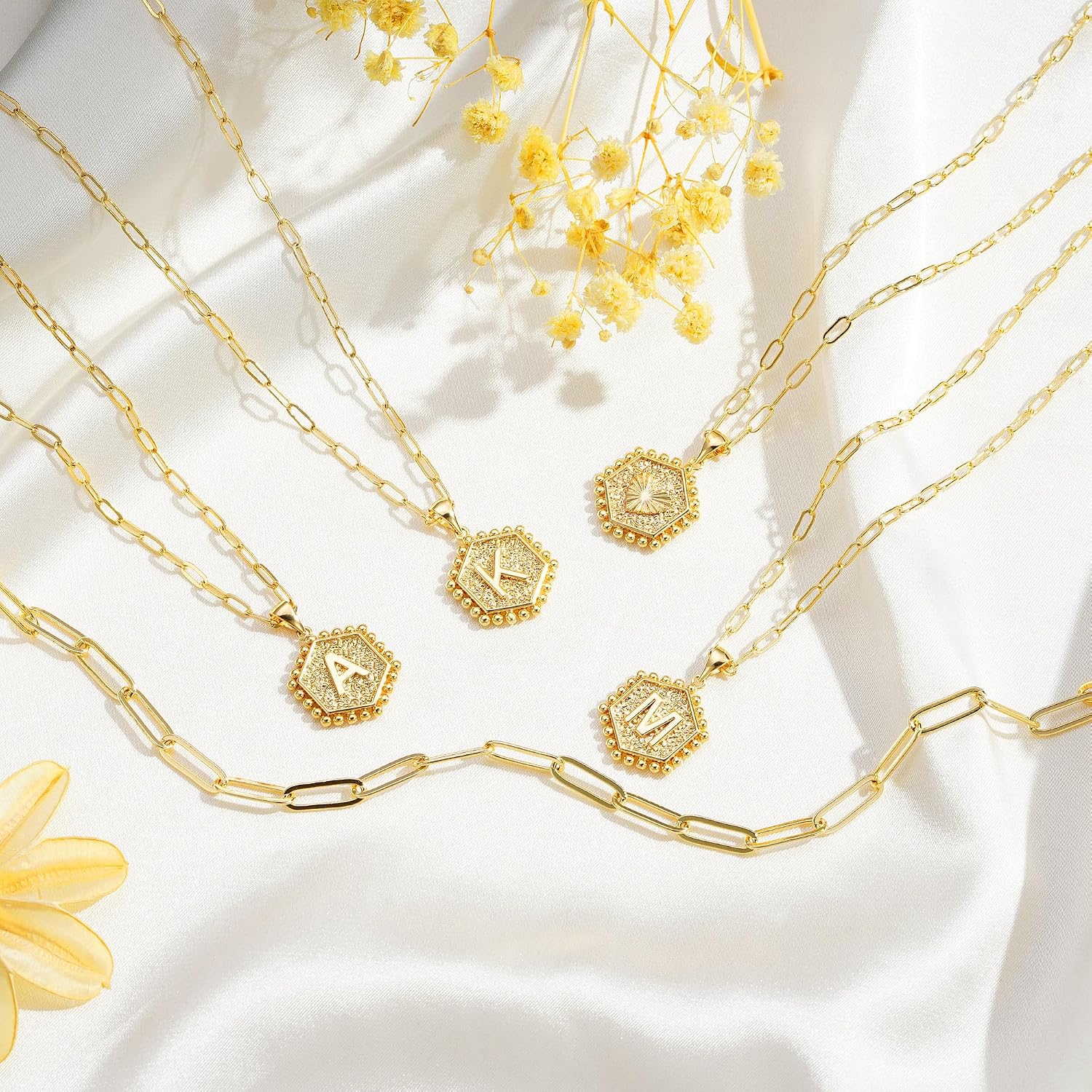 M MOOHAM Dainty Initial Necklaces for Women, 14K-Gold-Plated Layering Necklace for Women Cute Hexagon Letter Initial Necklace Layered Necklaces for Womens Teen Girl Gifts